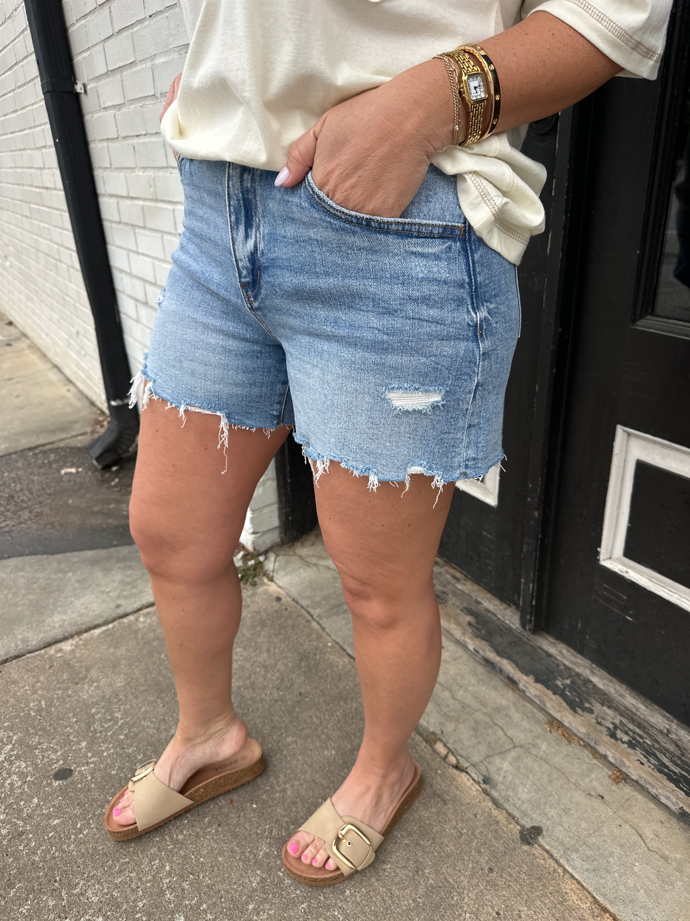 Lovely High Rise Distressed Denim Shorts