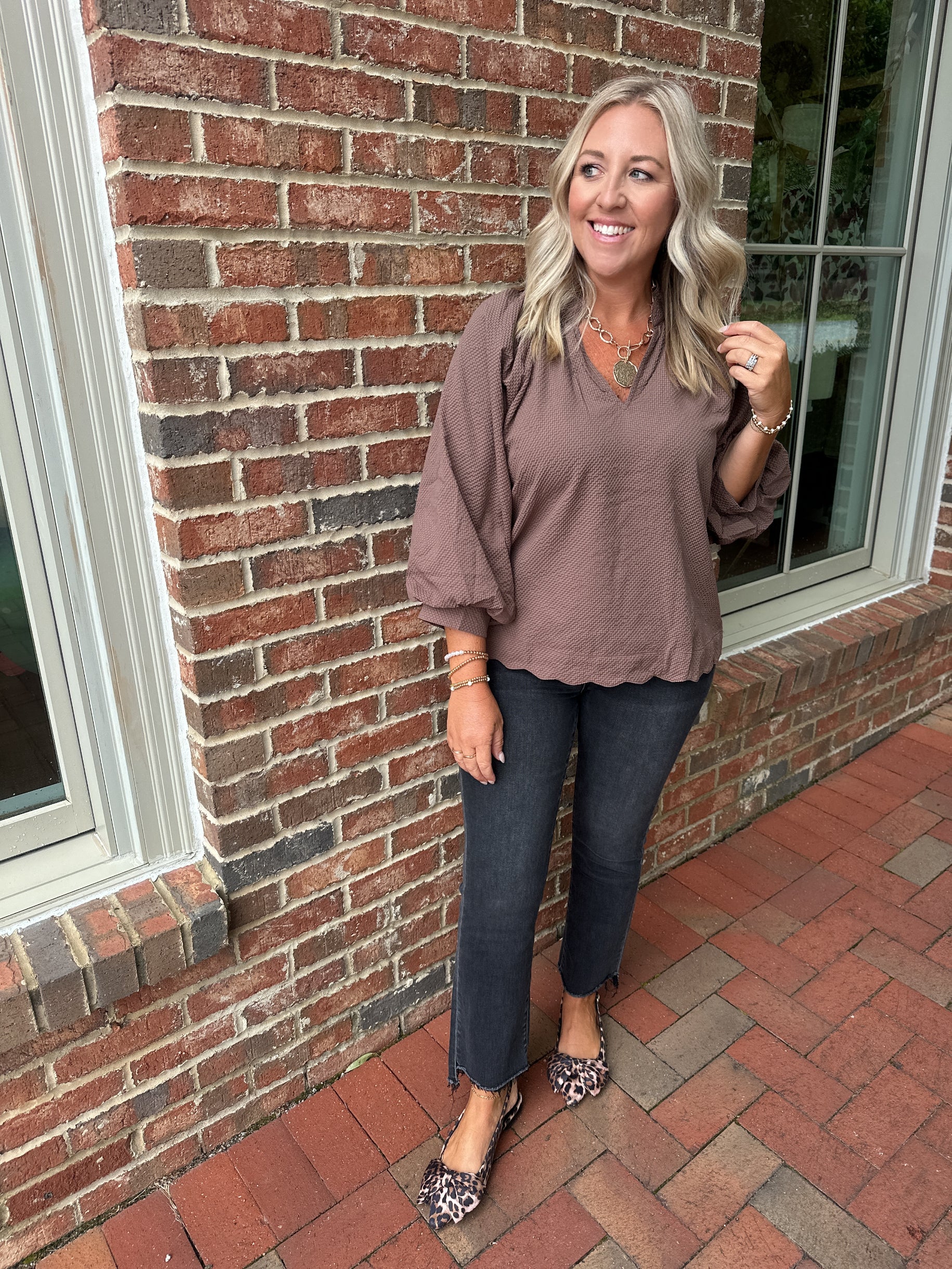 Feelin’ Myself Textured Blouse with Bubble Sleeve in Chocolate