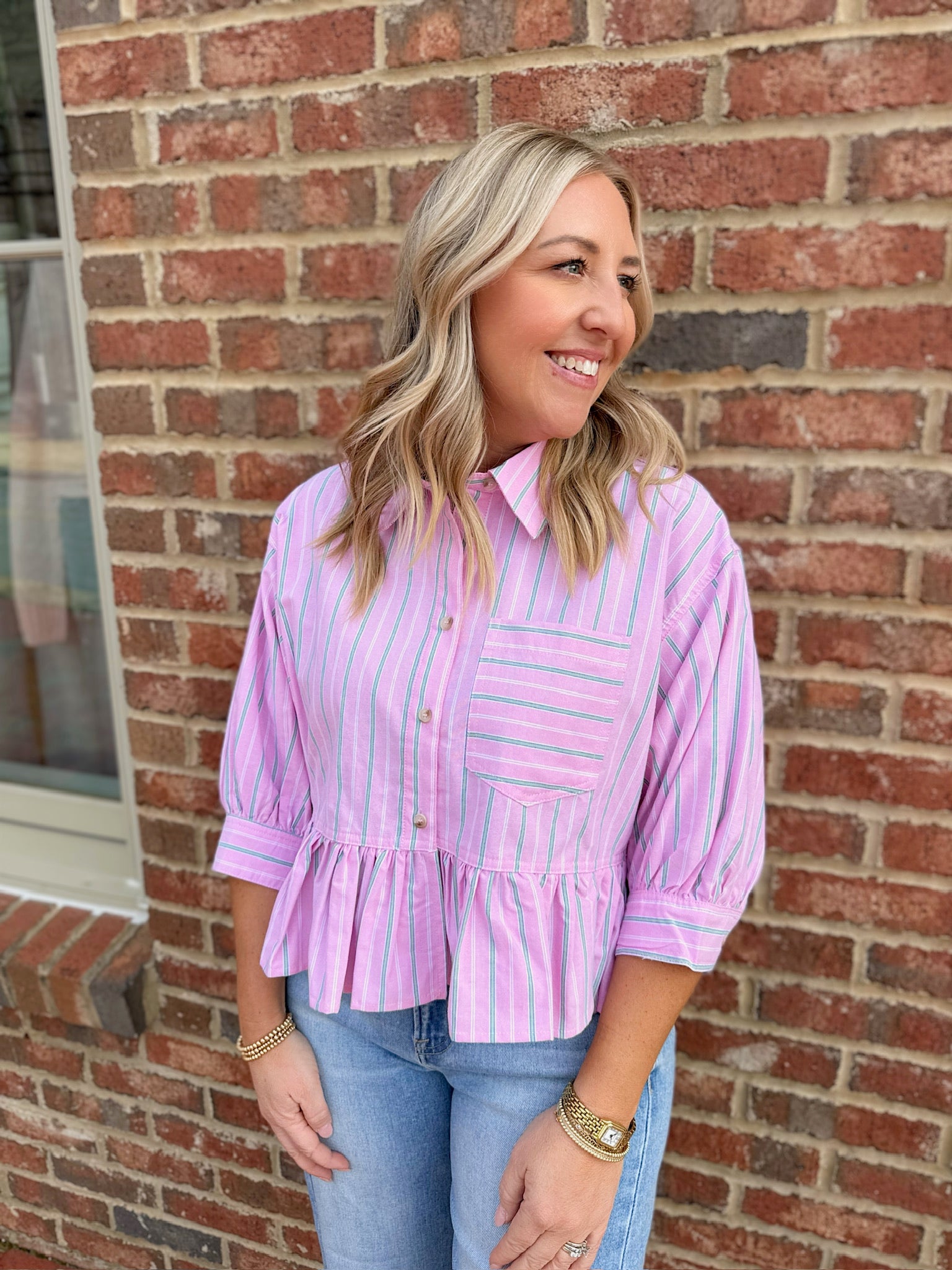 All Truth Striped Boxy Button Down Top in Pink