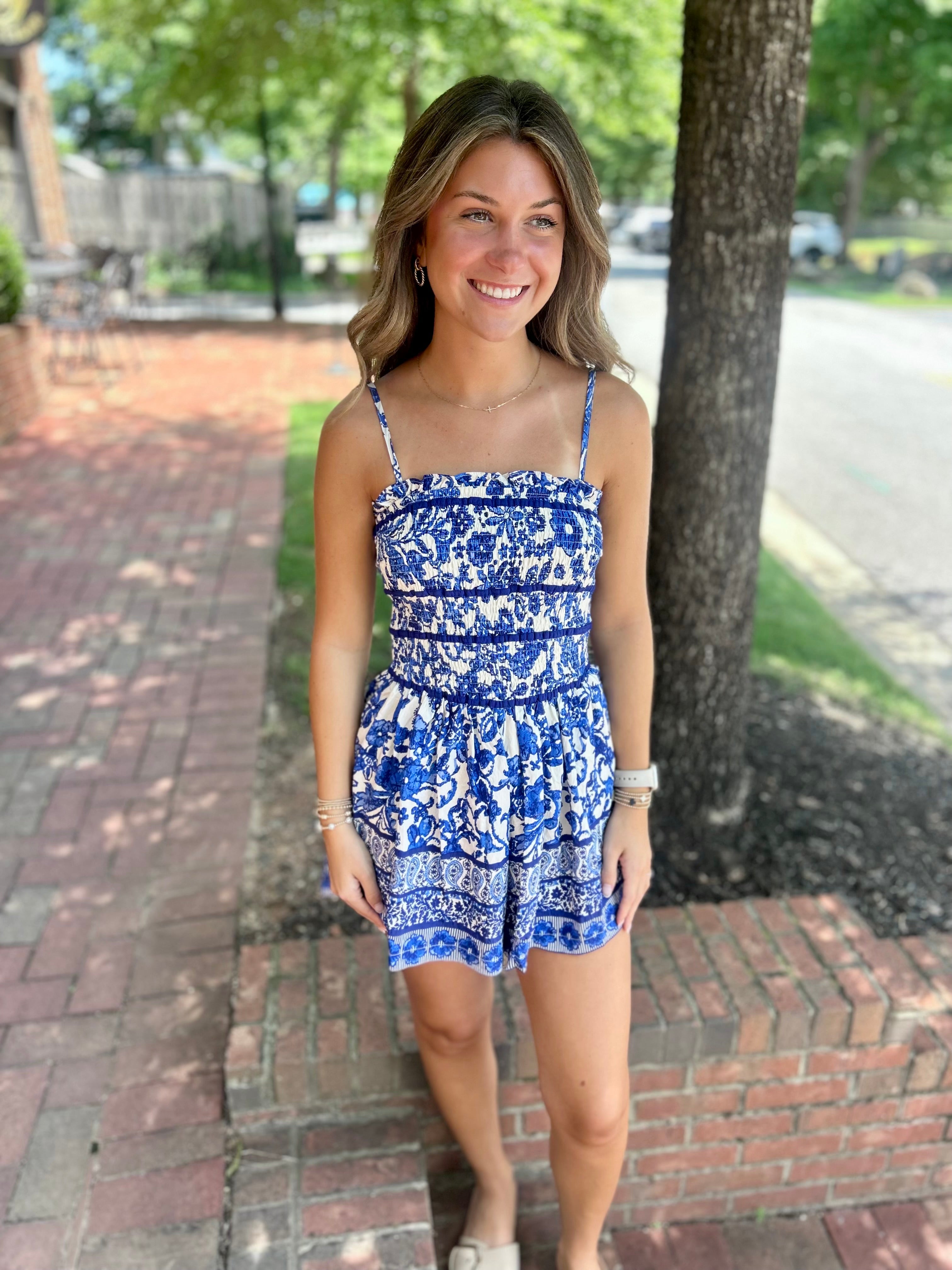 Sweet Summertime Strapless Paisley Romper in Blue