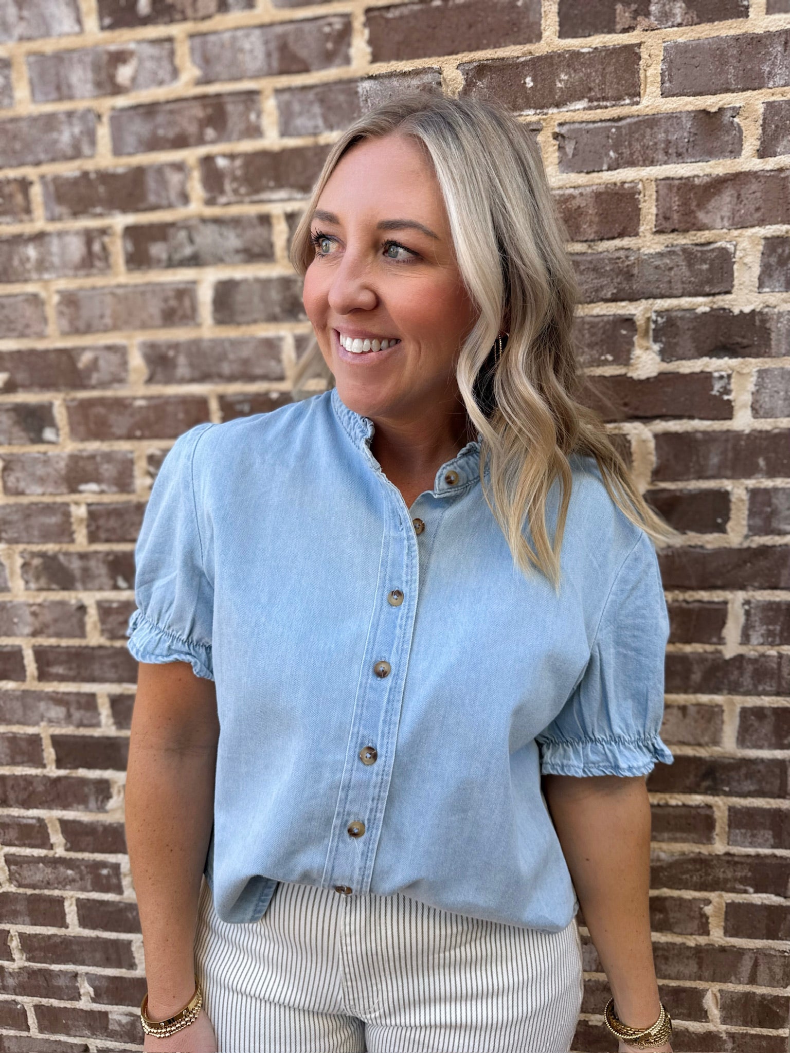 Forevermore Denim Shirt with Puff Sleeves