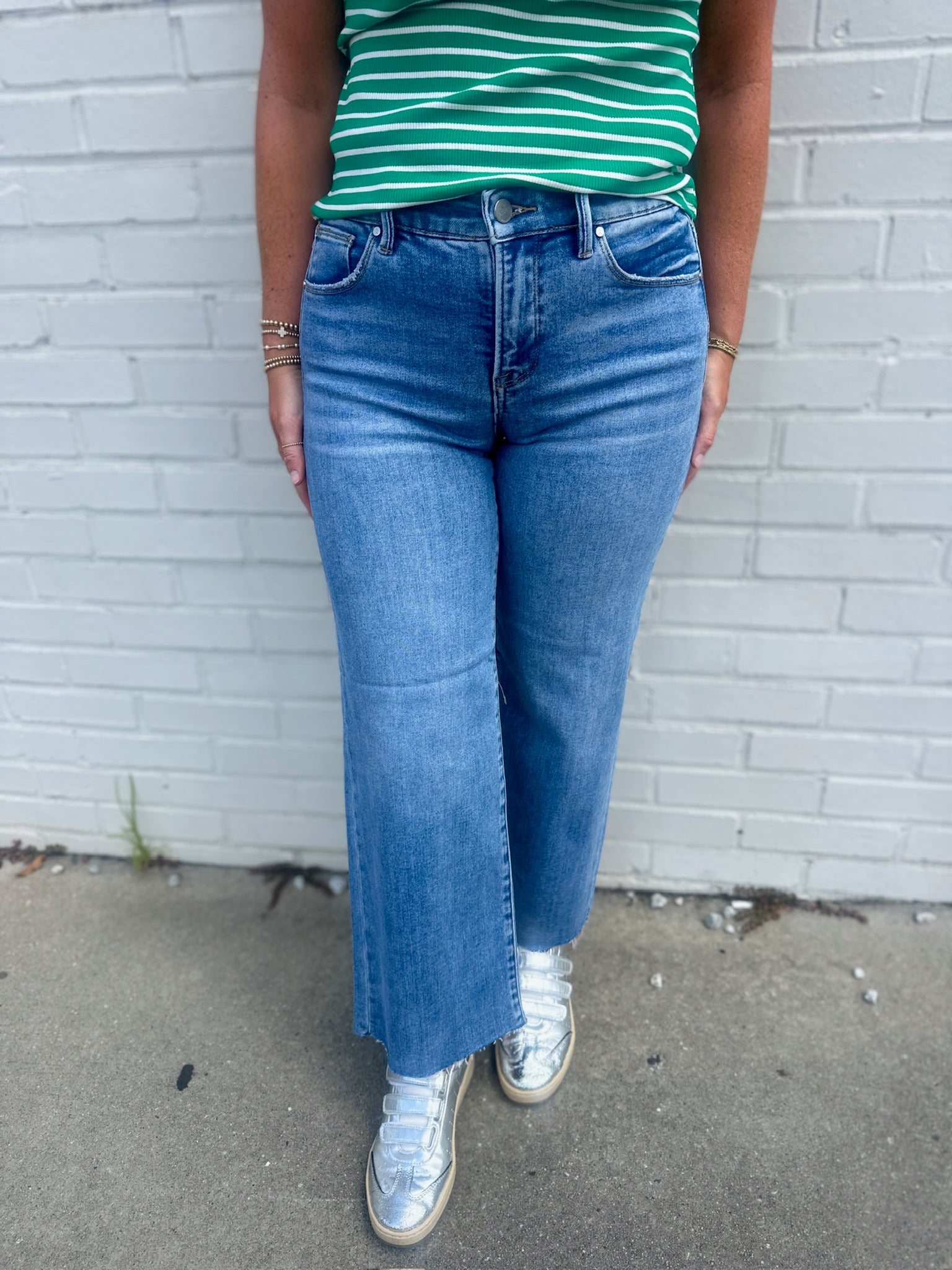 Stevie Mid Rise Tummy Control Crop Wide Light Wash Jeans