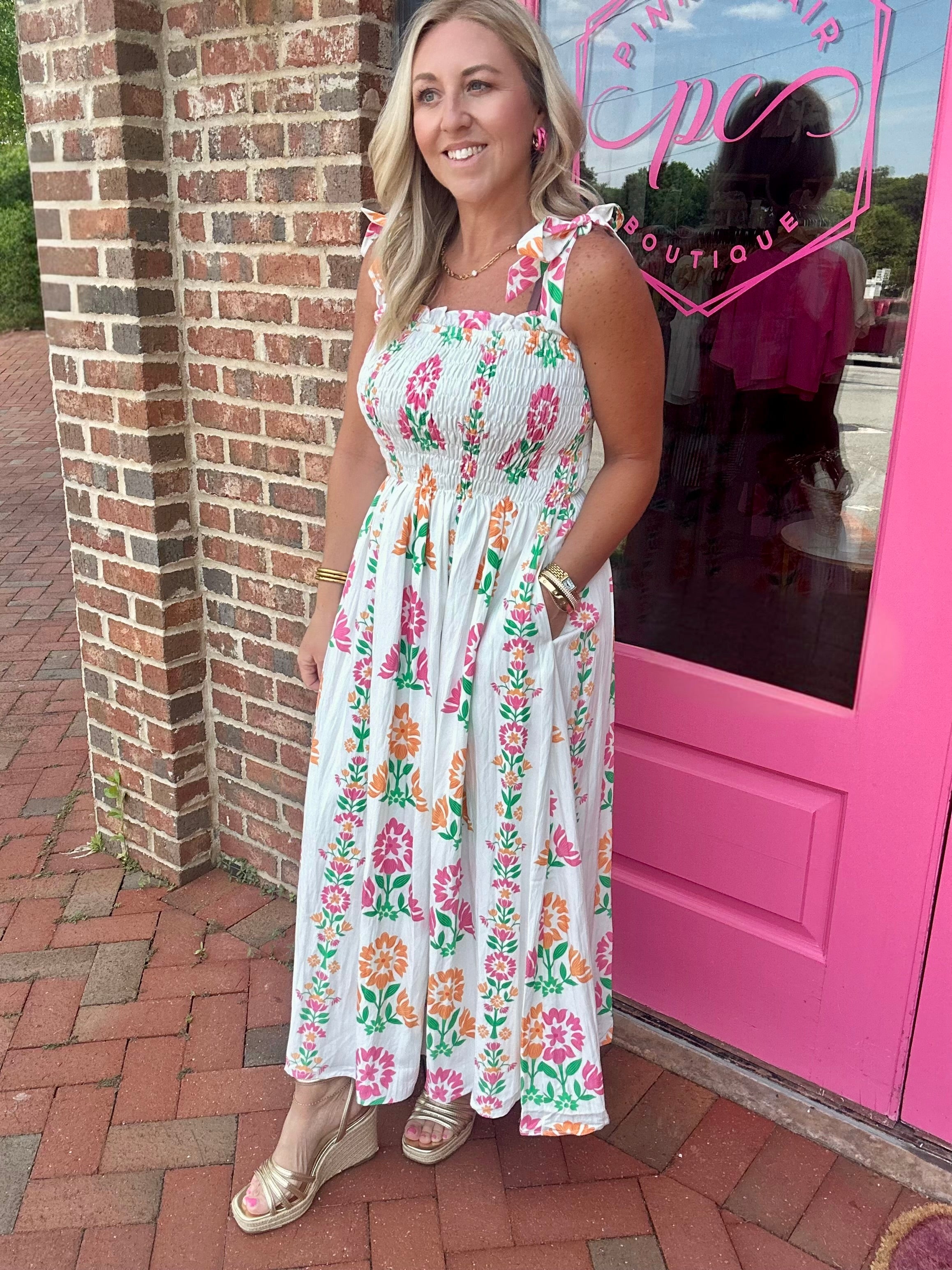 Spinning Around in Floral Smocked Midi Dress