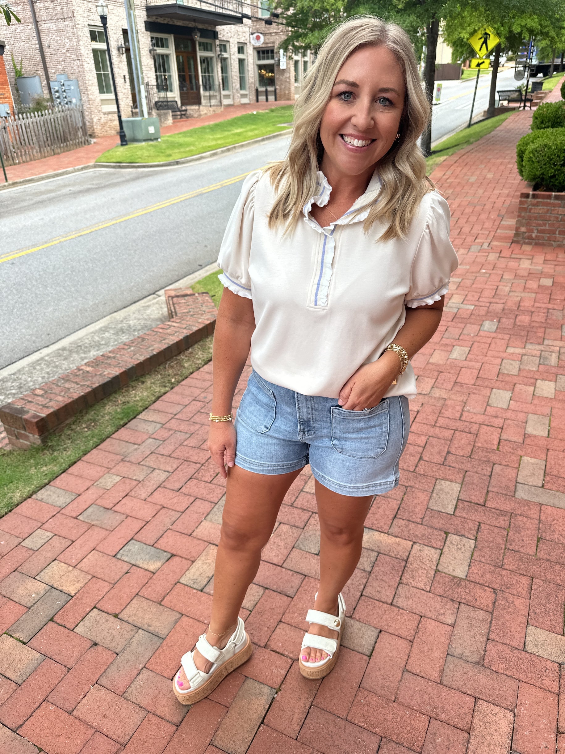 Heart Of Gold High Rise Patch Pocket Light Wash Denim Shorts