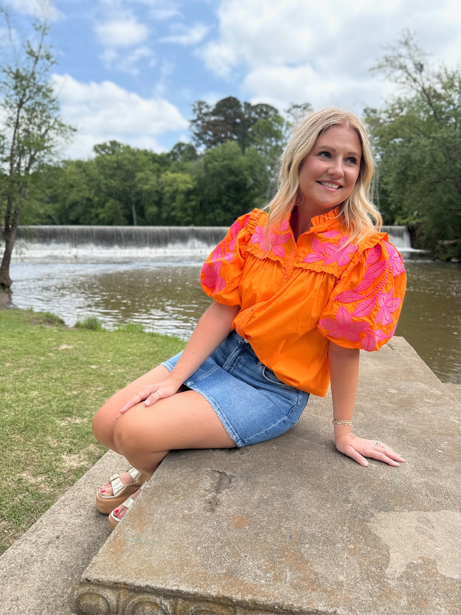Check On Me Puff Sleeve Embroidered Top