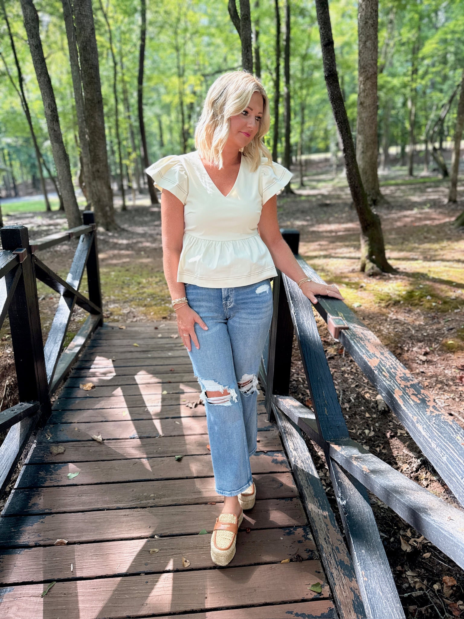Roll With The Wind Denim Off White Flutter Sleeve Top