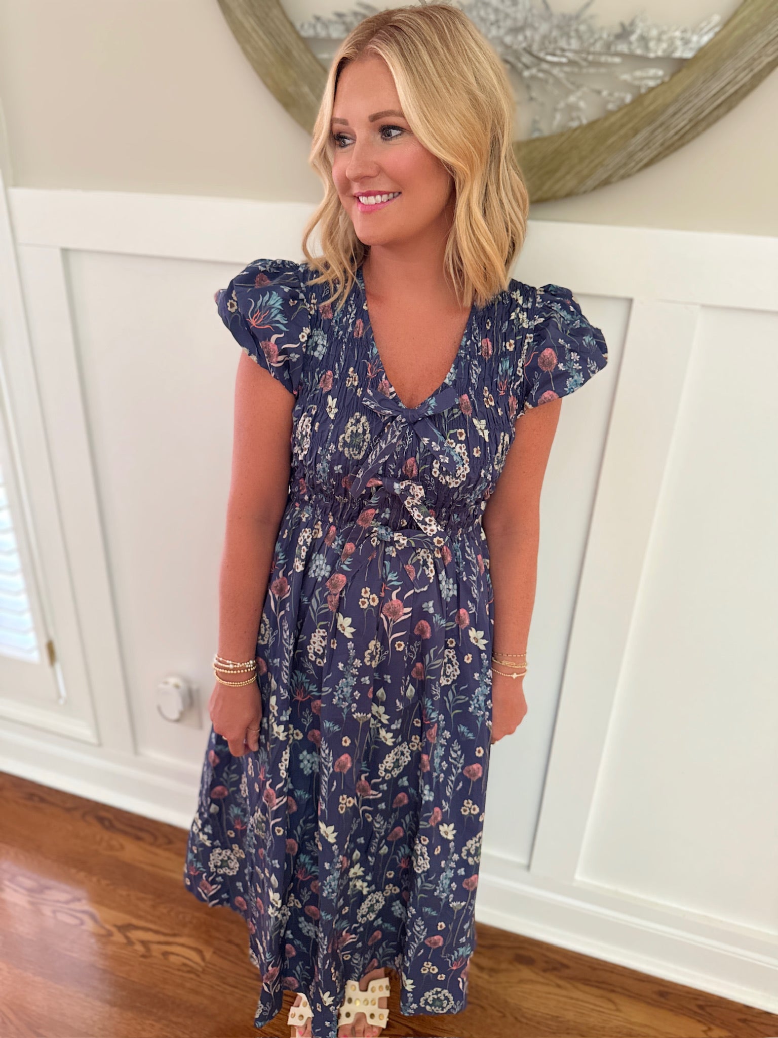 In The Midnight Sky Floral Cinched Flutter Sleeve Midi Dress
