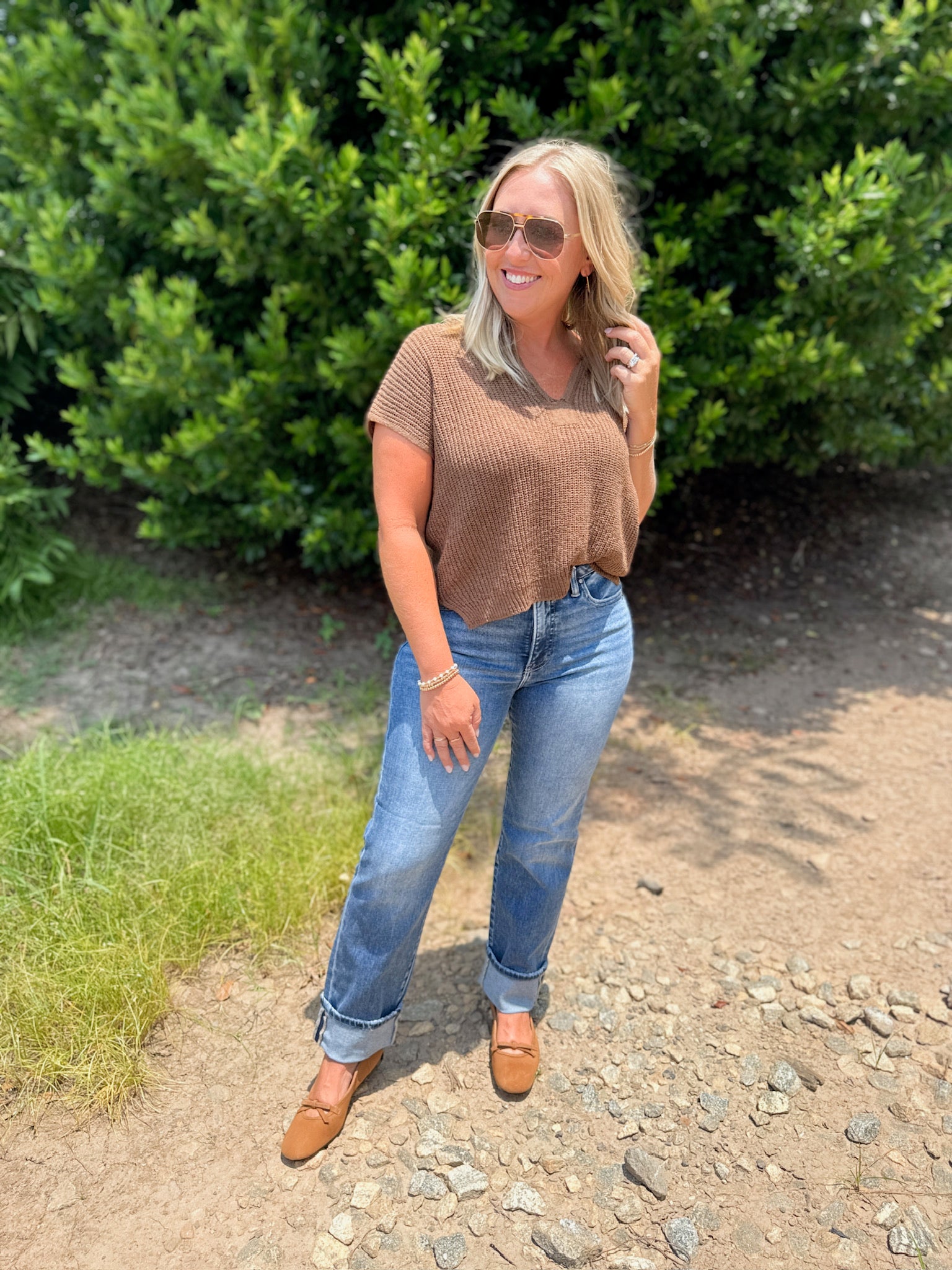 Stay Dry Split Neck Short Sleeve Knit Top in Brown