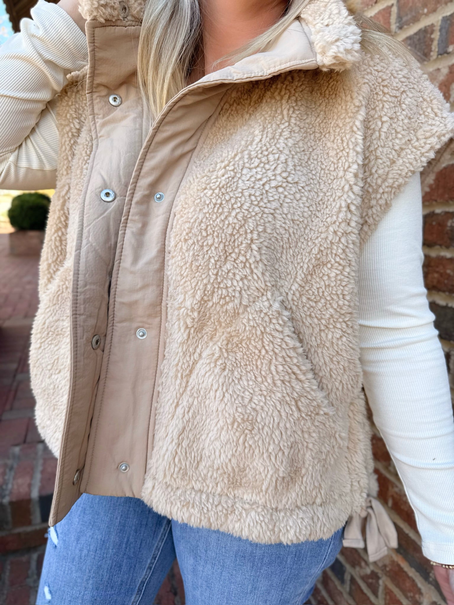 Finally Feeling Cozy Sherpa Vest Jacket With Tie-up Side Details in Beige