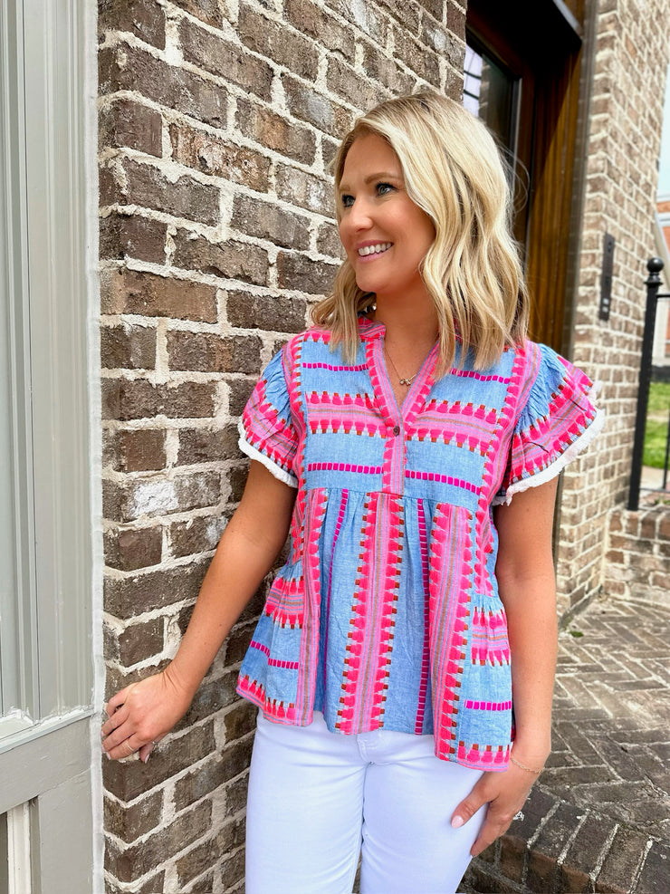 All the Aztec Feels Peplum Style Top