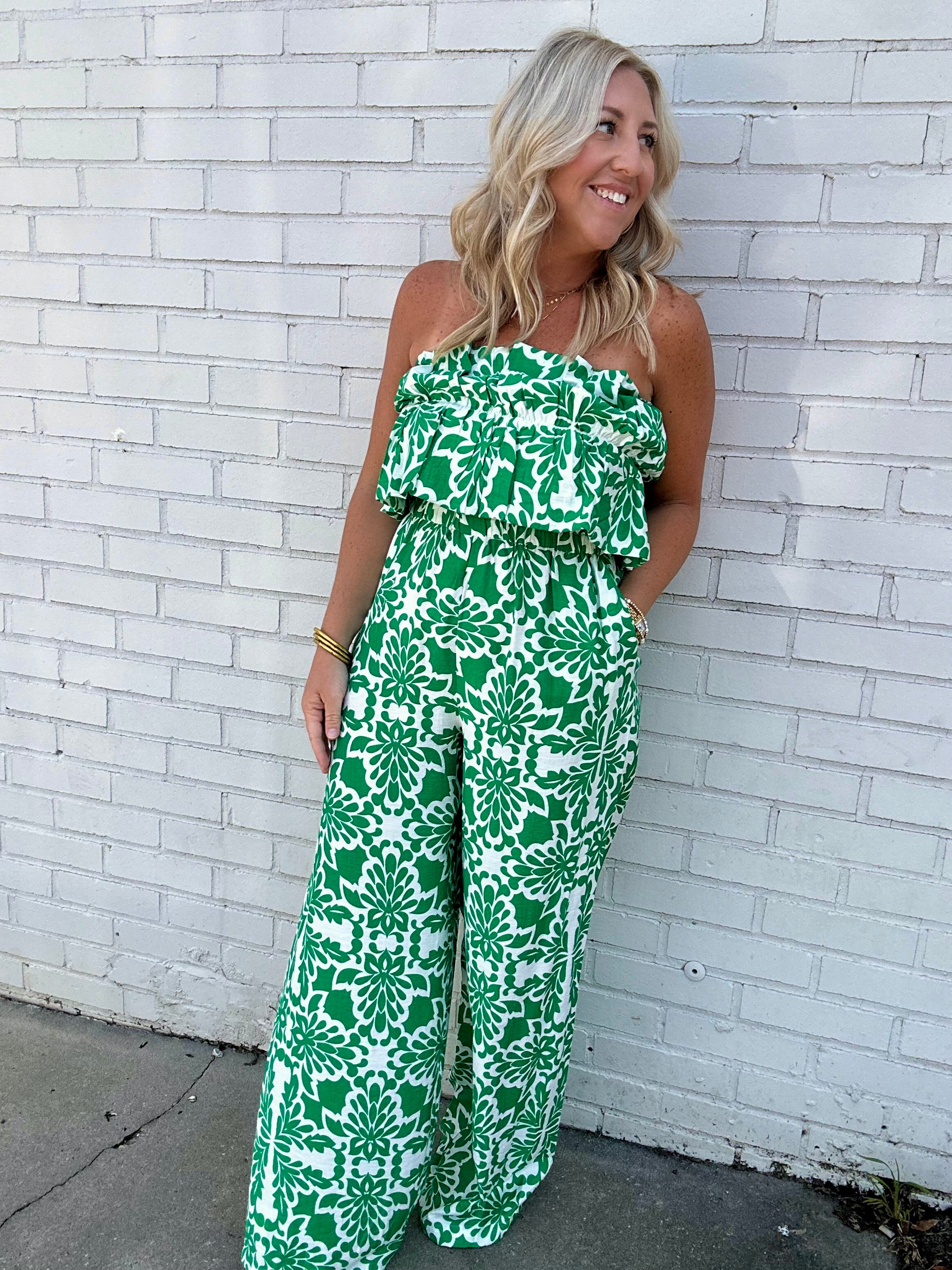 About Me & You Printed Strapless Wide-Leg Jumpsuit