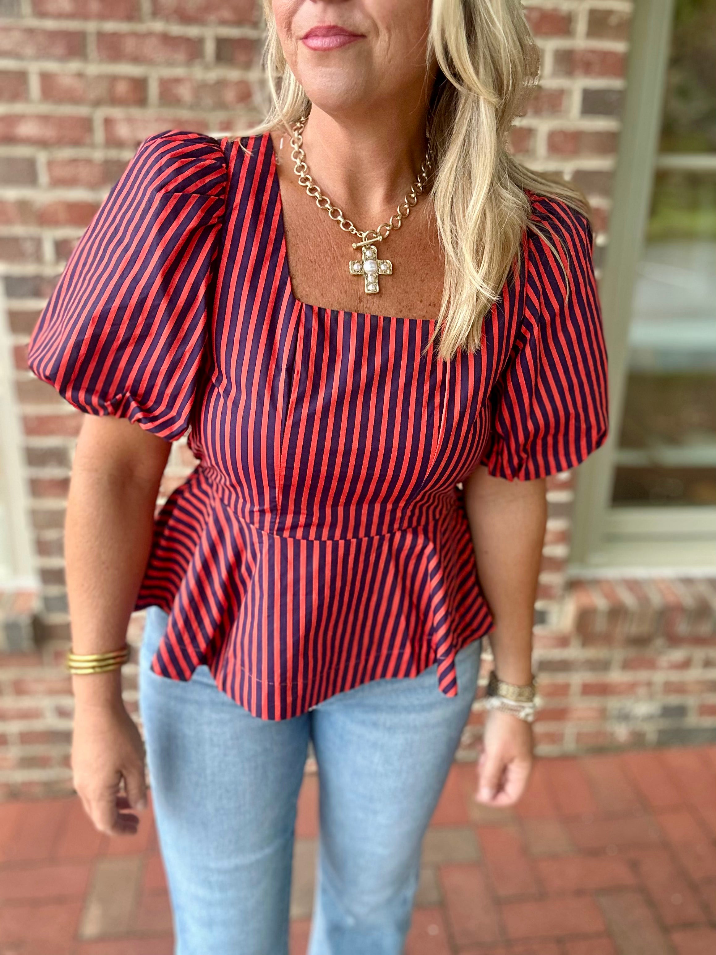 So Far Away Striped Peplum Top