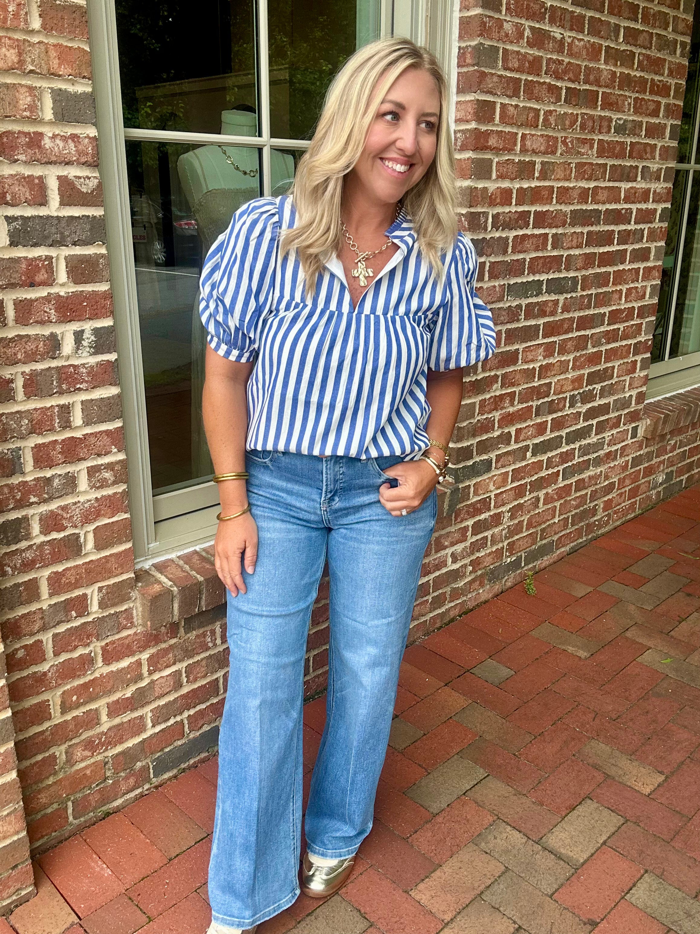 Catana Striped Delano Ruffle Split Neck Blouse