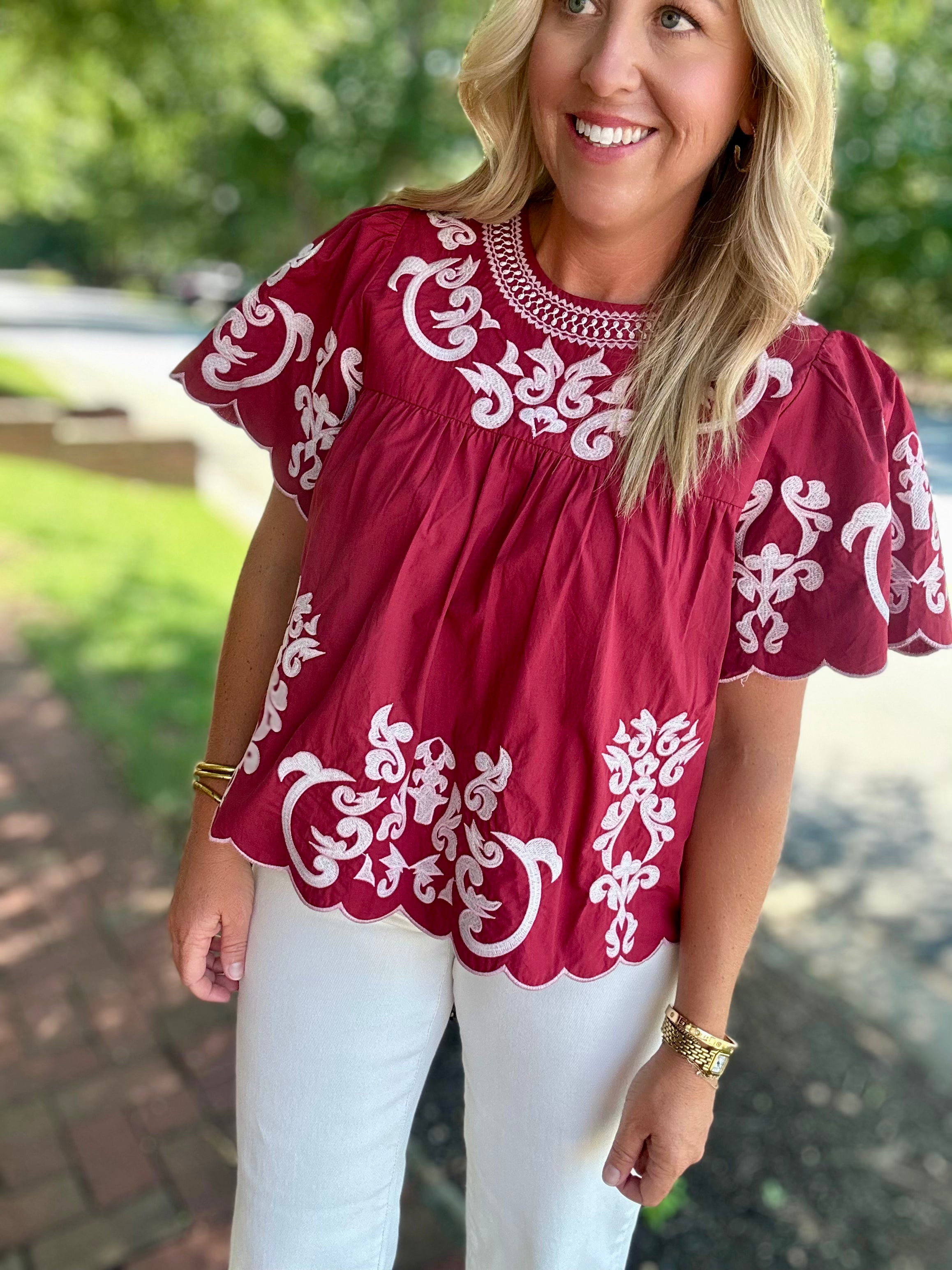 Fireside Flutter Sleeve Embroidery Detailed Top