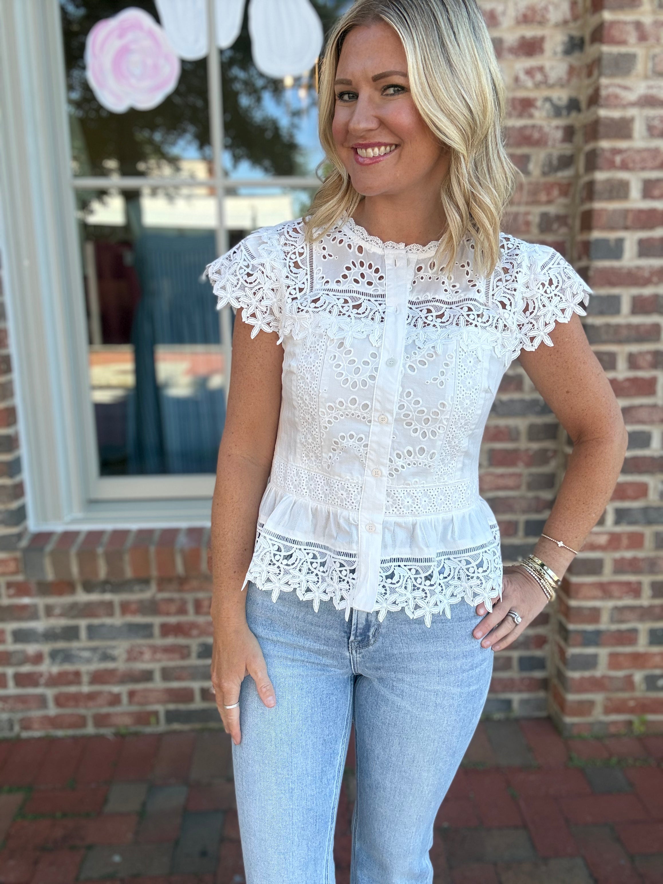 Best Timing Lace & Eyelet Peplum Blouse