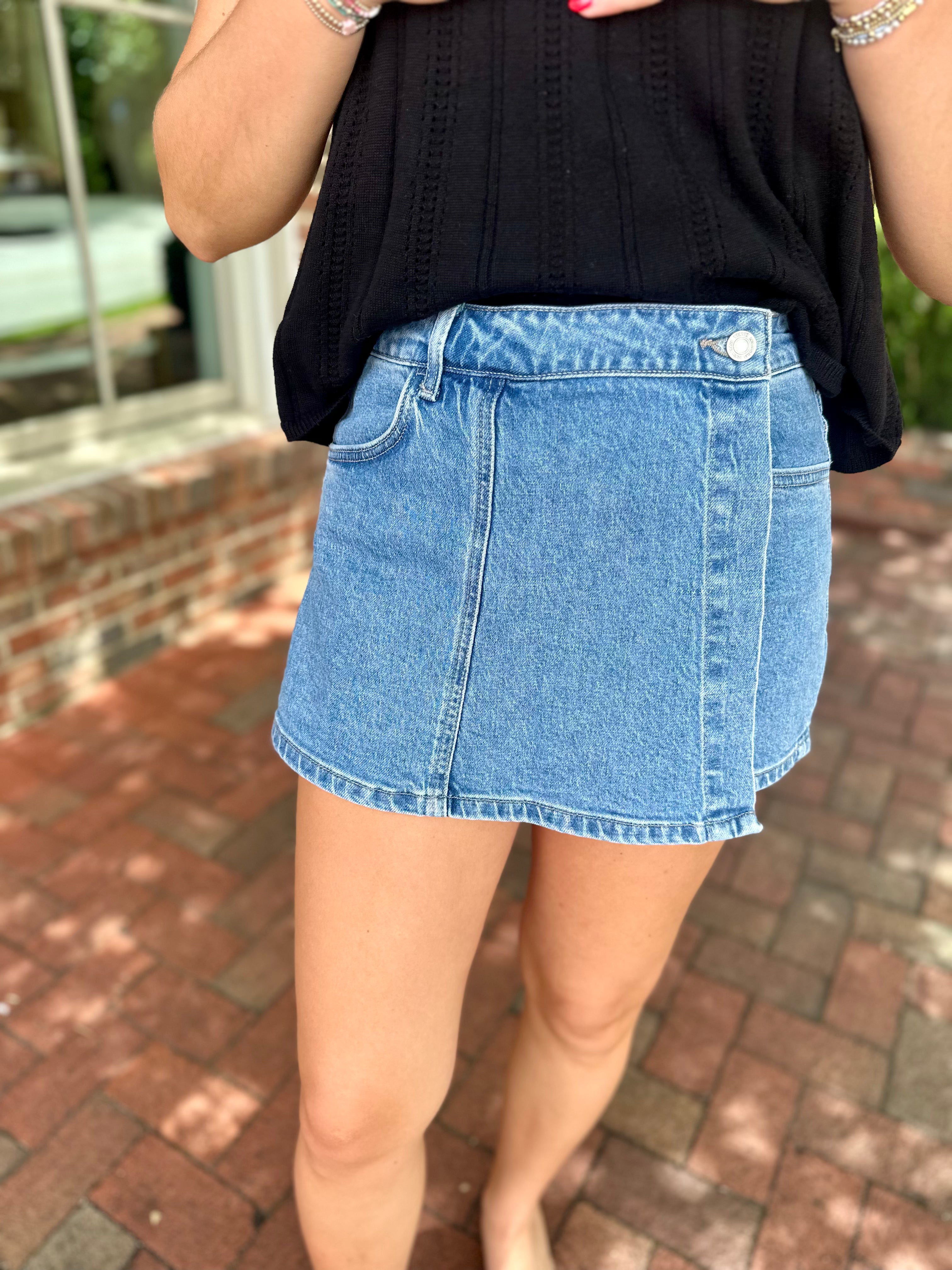 The Indie High Rise Denim Wrap Skort