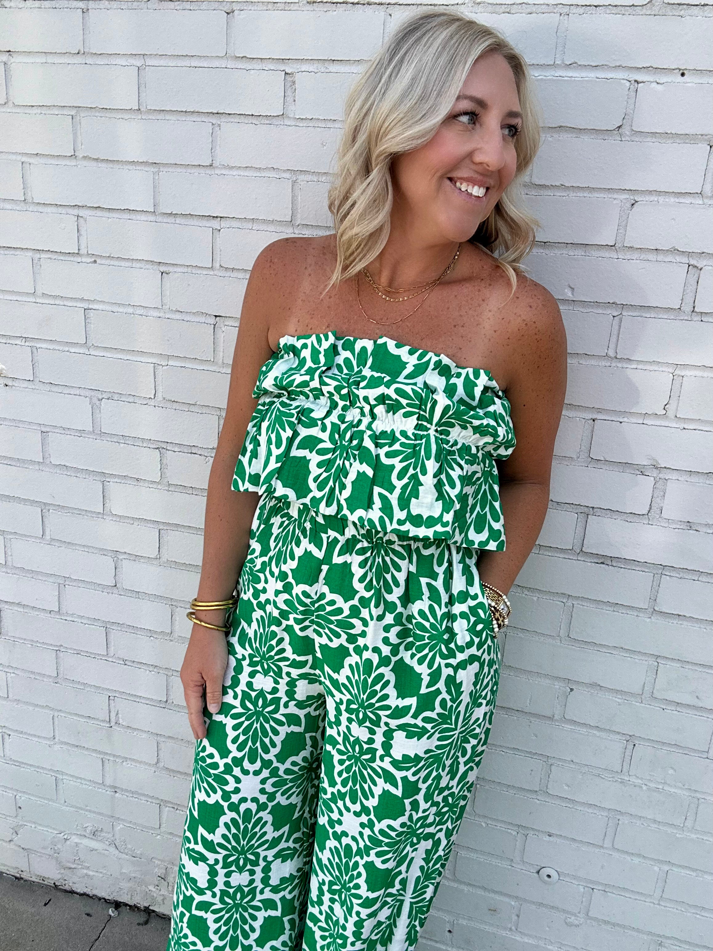 About Me & You Printed Strapless Wide-Leg Jumpsuit