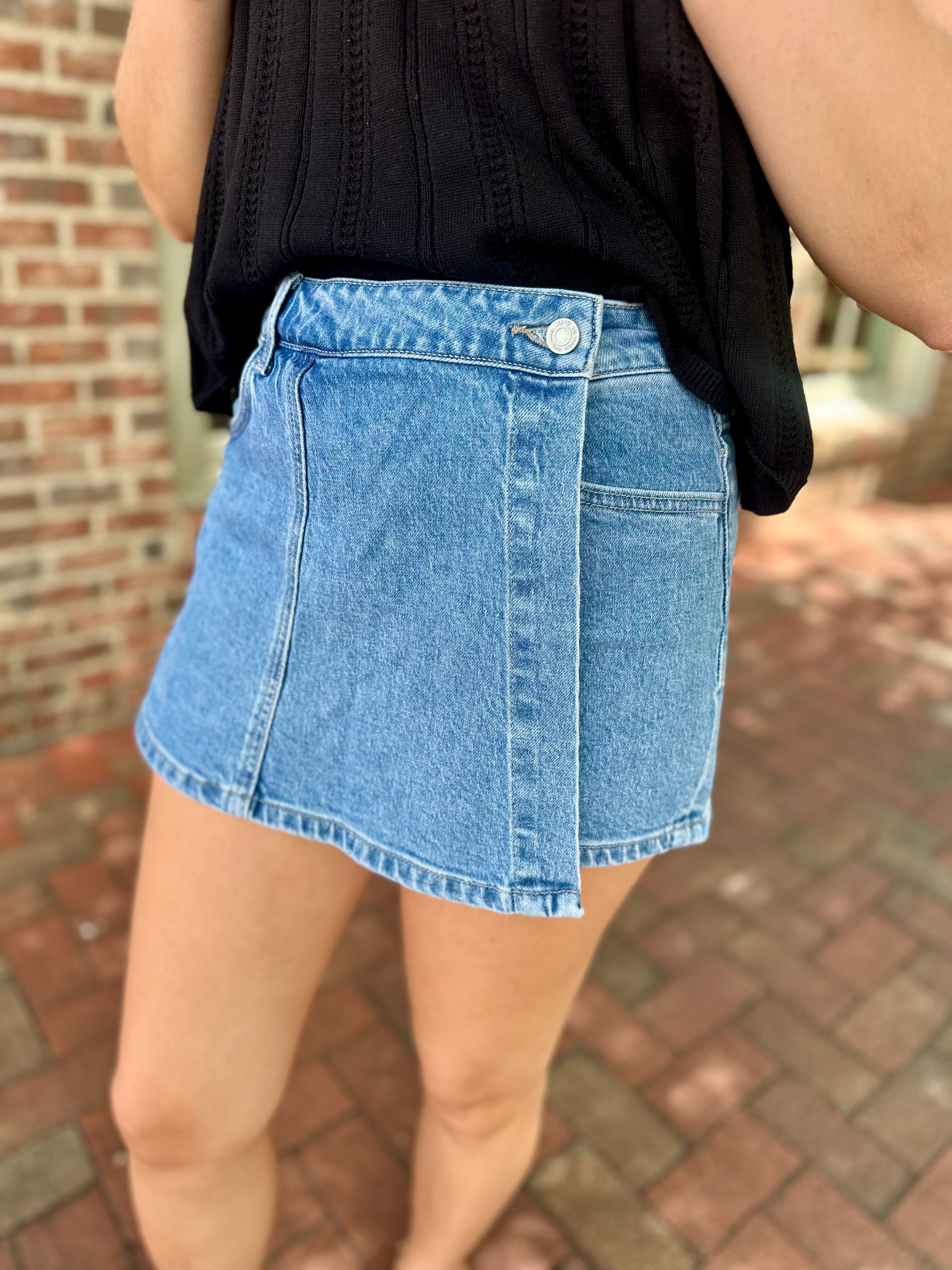 The Indie High Rise Denim Wrap Skort