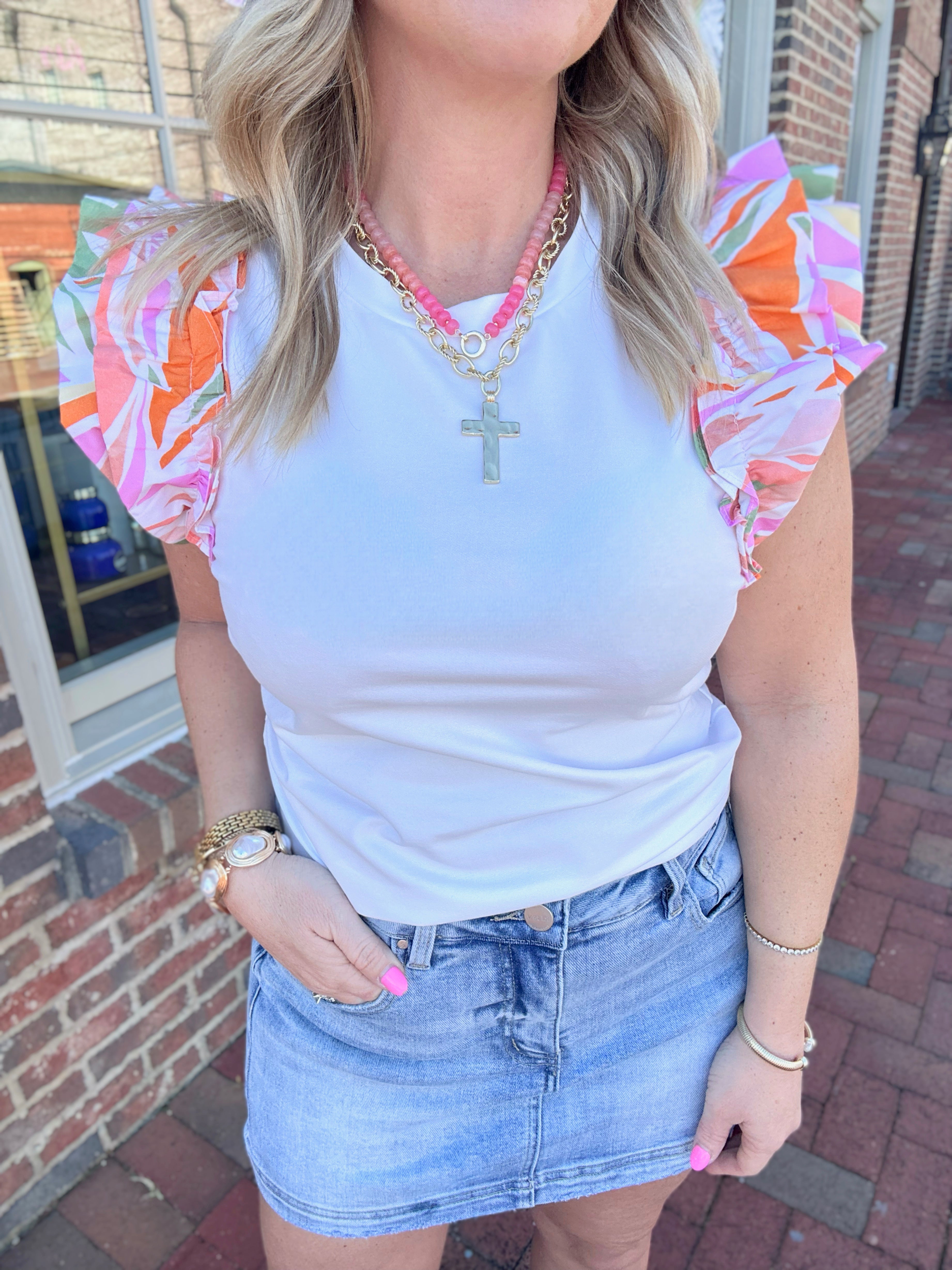 Glow Up Tropical Print Flutter Sleeve Top