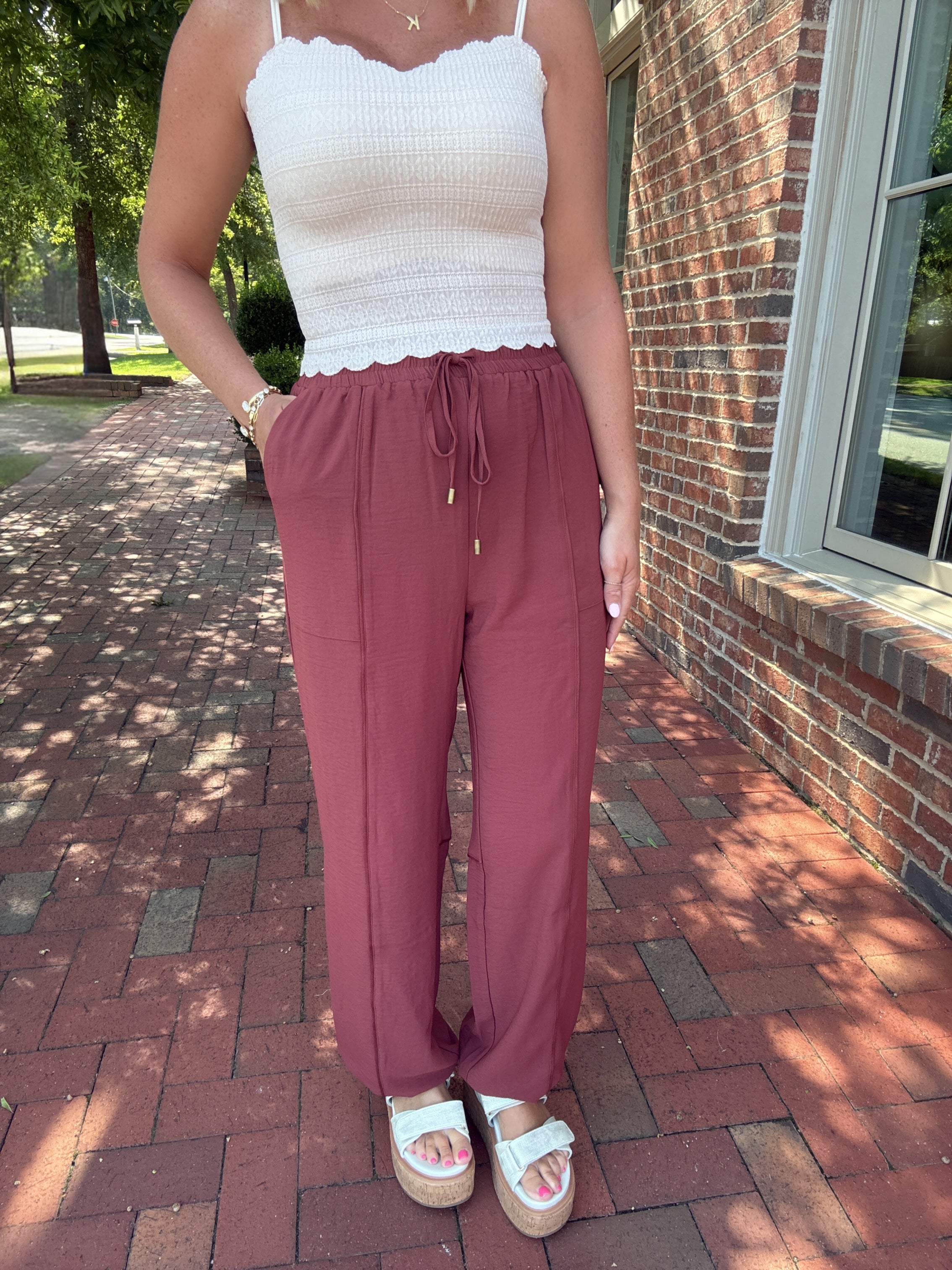 Telling You What I Think Satin Joggers in Sienna