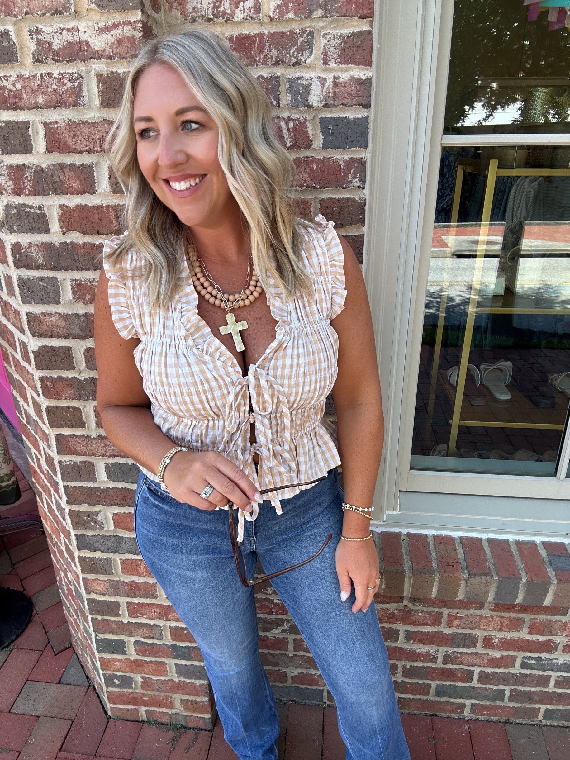 They Will Know Gingham Tie Front Sleeveless Top