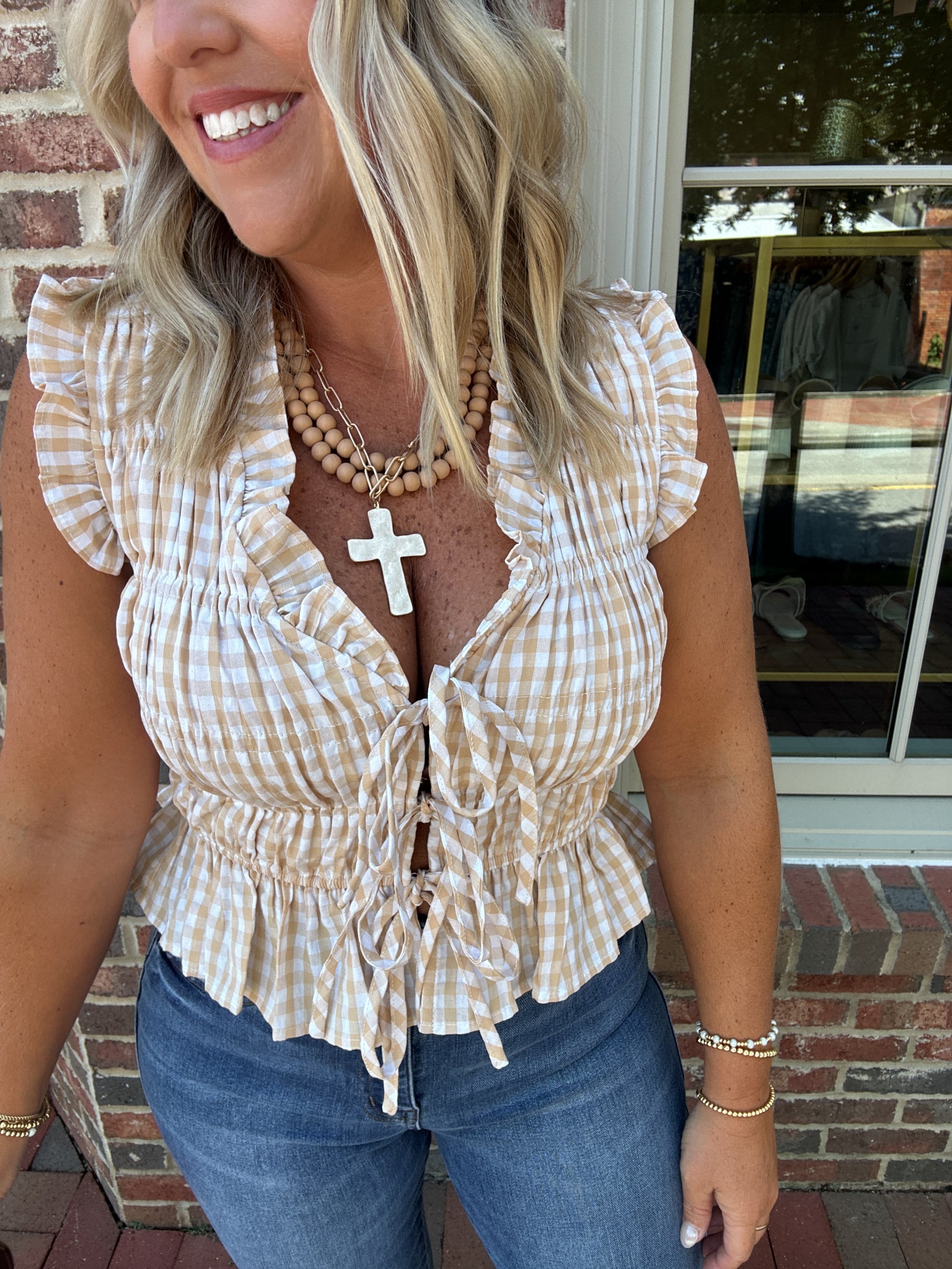 They Will Know Gingham Tie Front Sleeveless Top