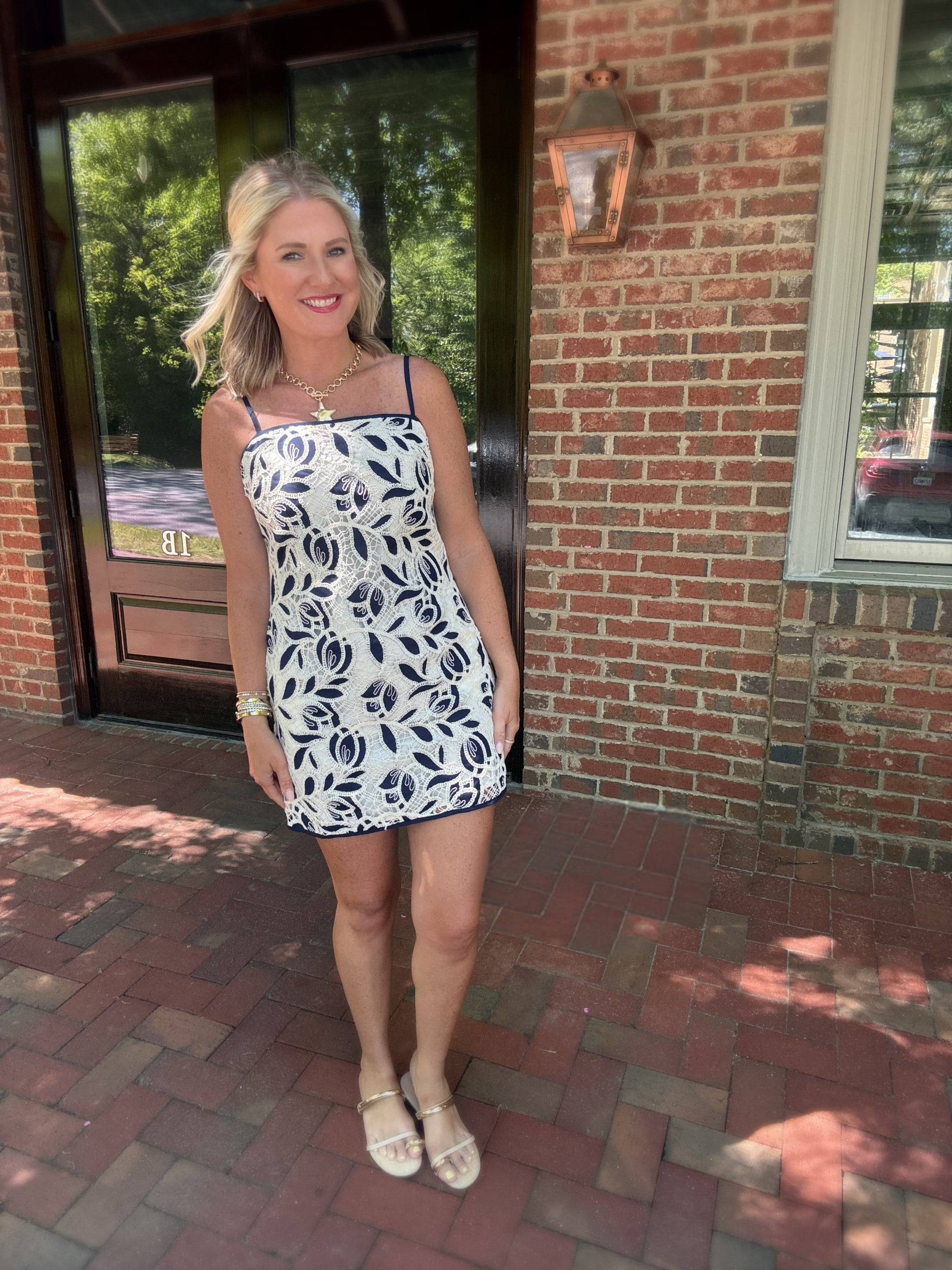 We Know Us Floral Crochet Mini Dress in Navy/Cream - Medium We Know Us Floral Crochet Mini Dress in Navy/Cream - Medium