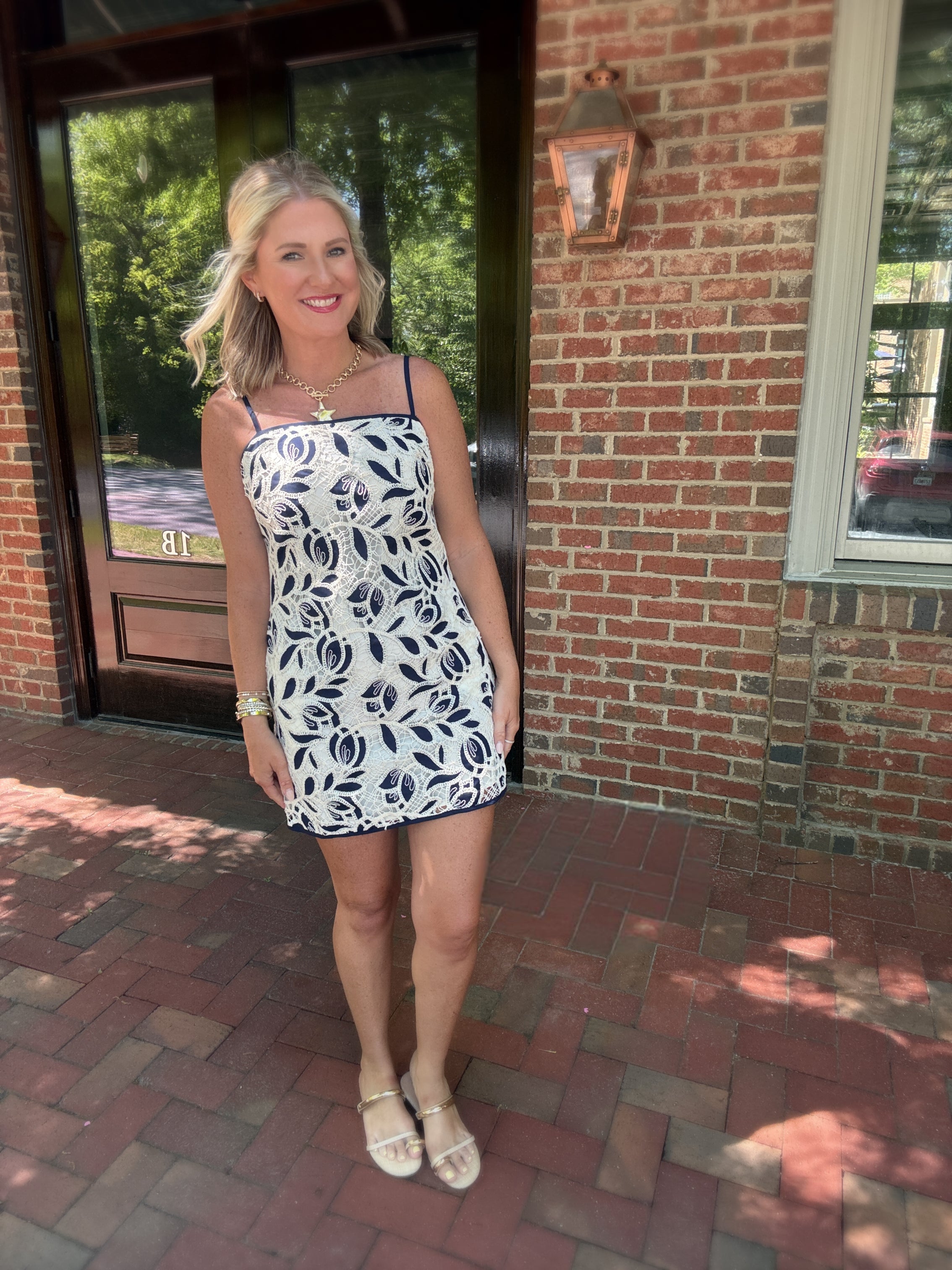 We Know Us Floral Crochet Mini Dress in Navy/Cream