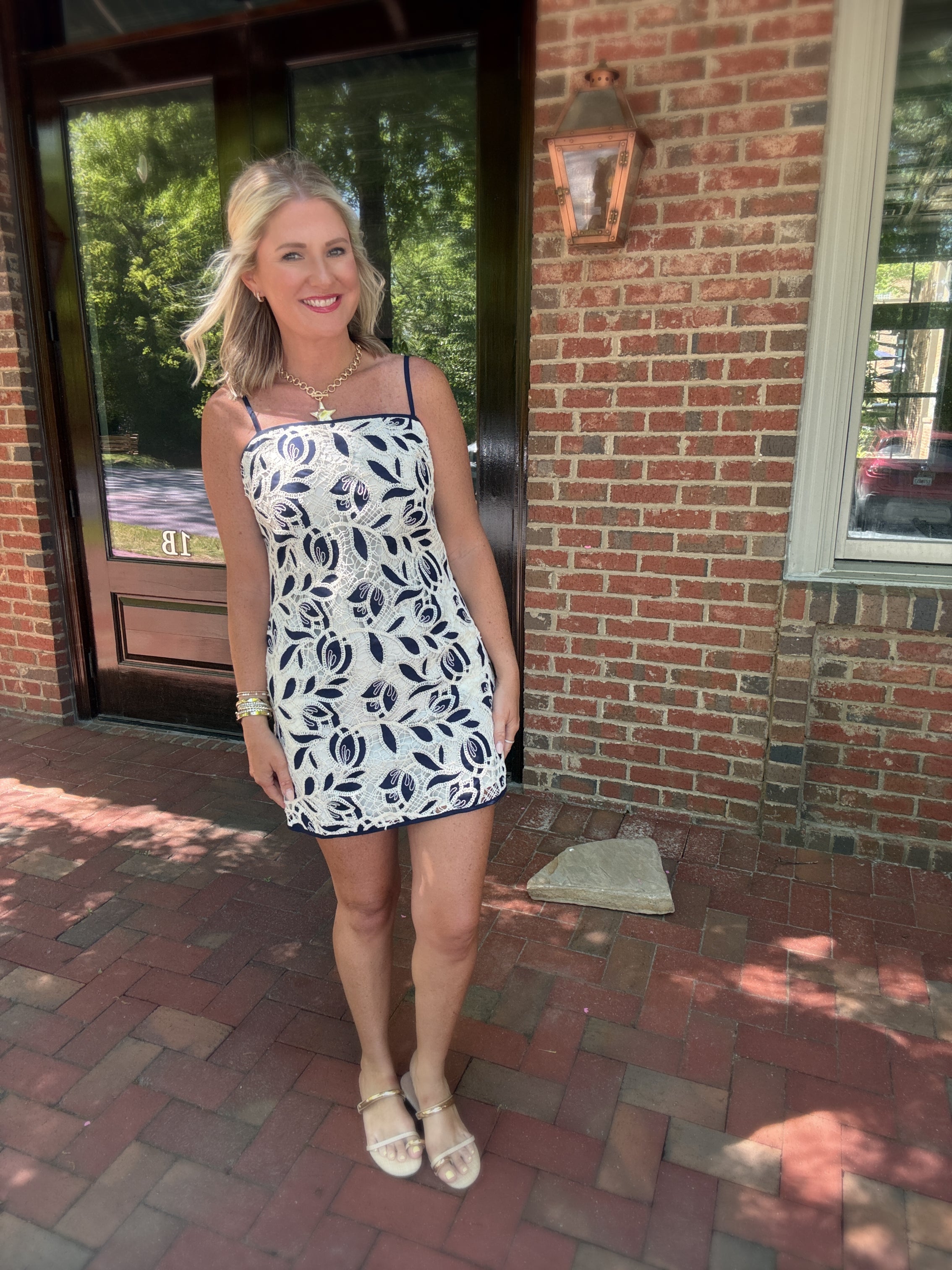 WE Know Us Floral Crochet Mini Dress in Navy/Cream