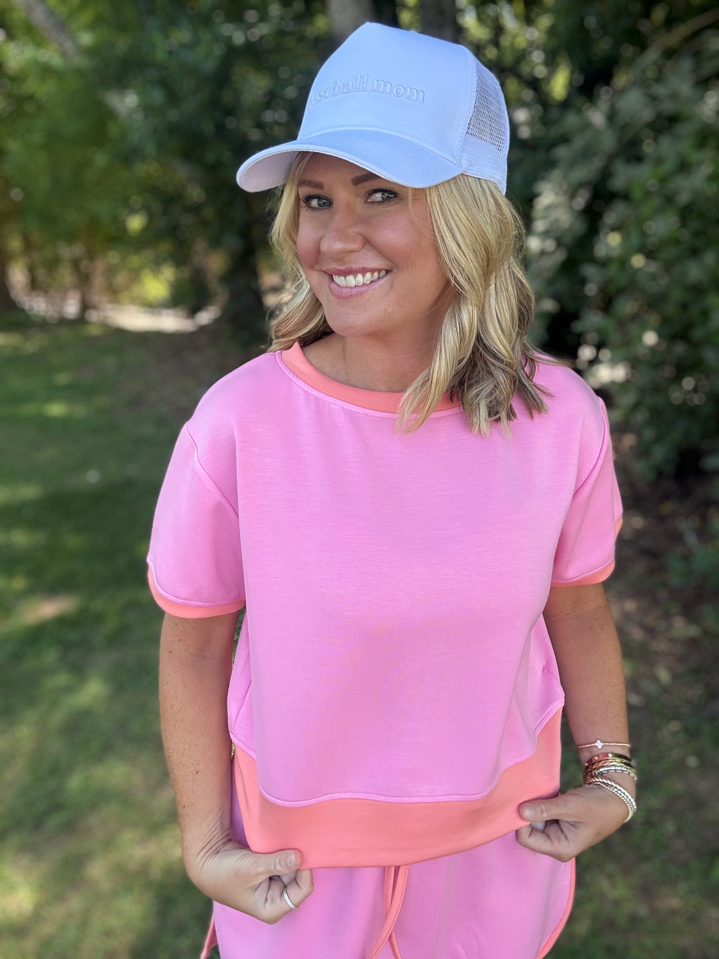 Small Town Pink and Orange Scuba Short Sleeve Top