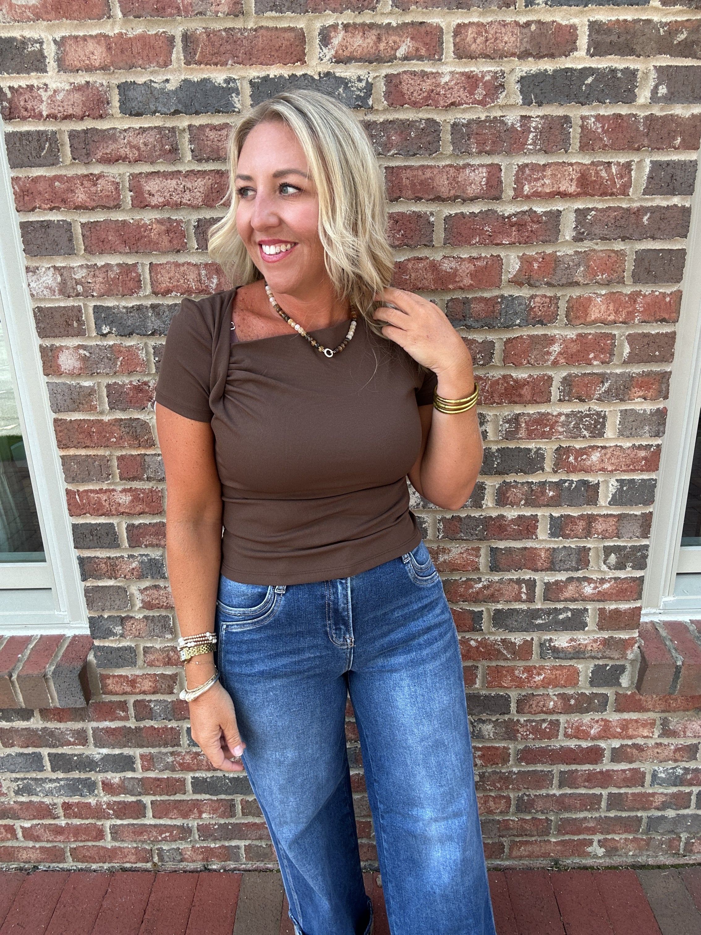 Keep It Simple Aysmmetrical Neckline Short Sleeve in Brown
