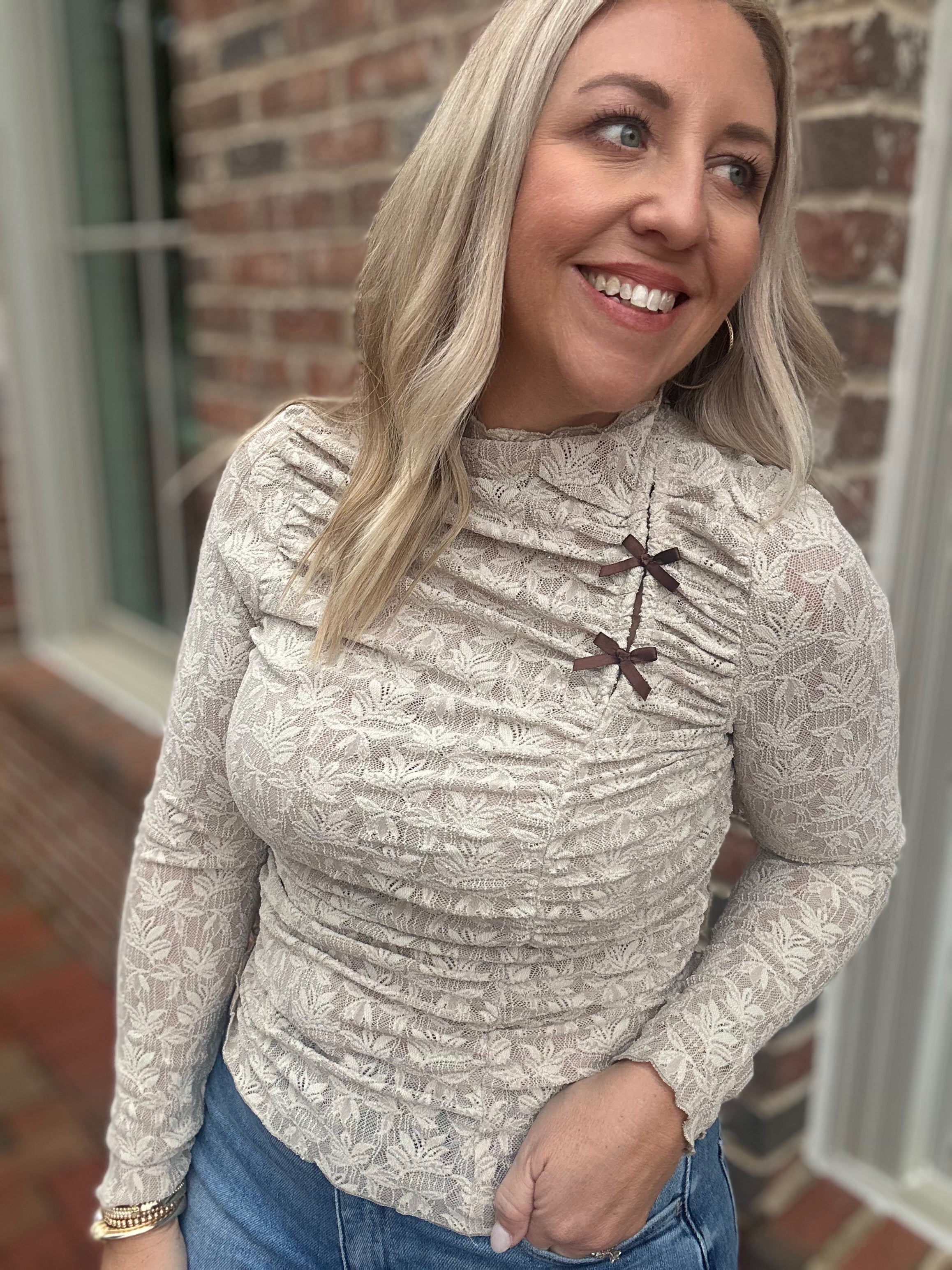 Already Mine Lace Knit Mock Neck w/mini Bows Top