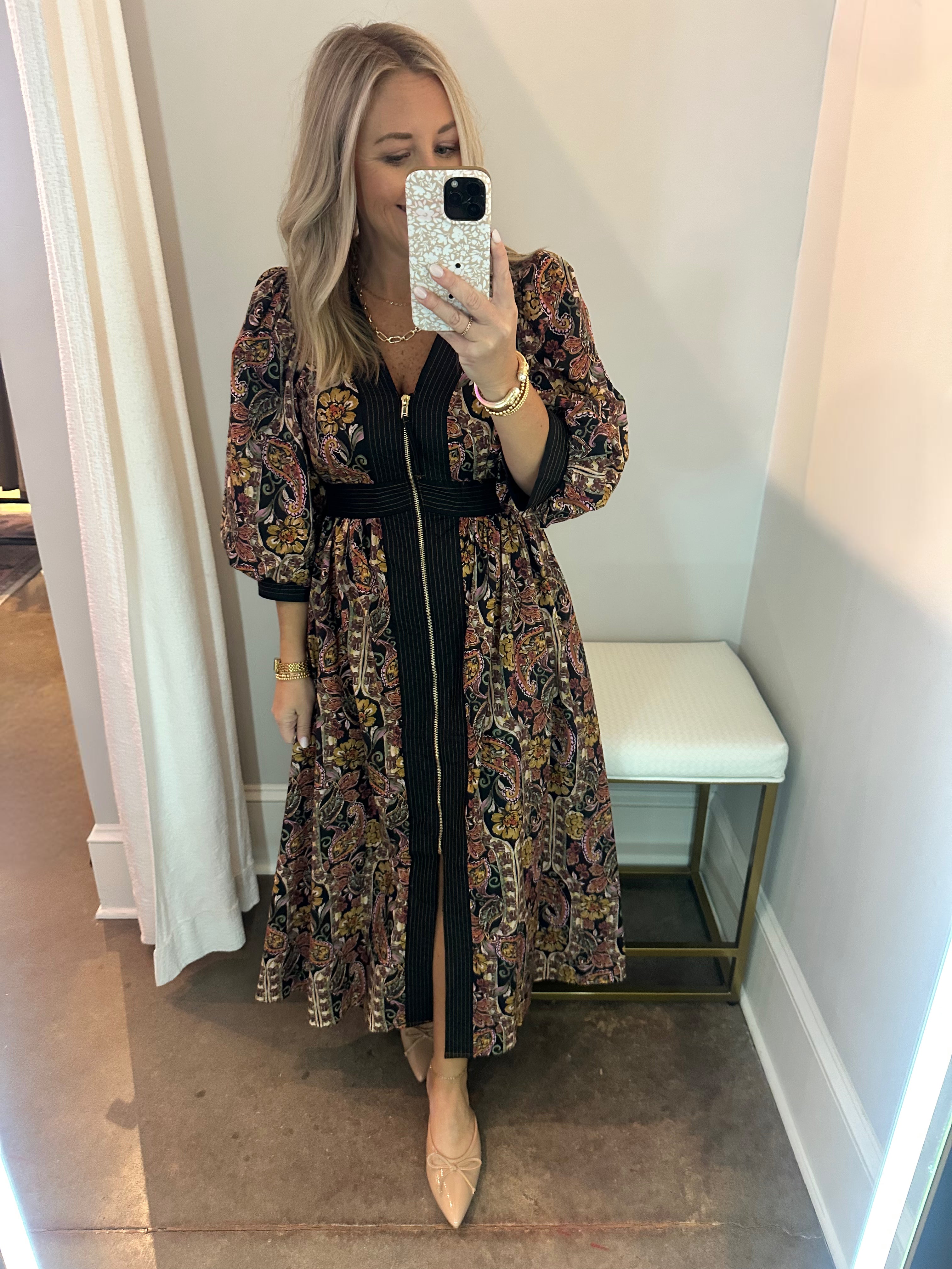 Classic Energy Floral Midi Dress with Front Zipper