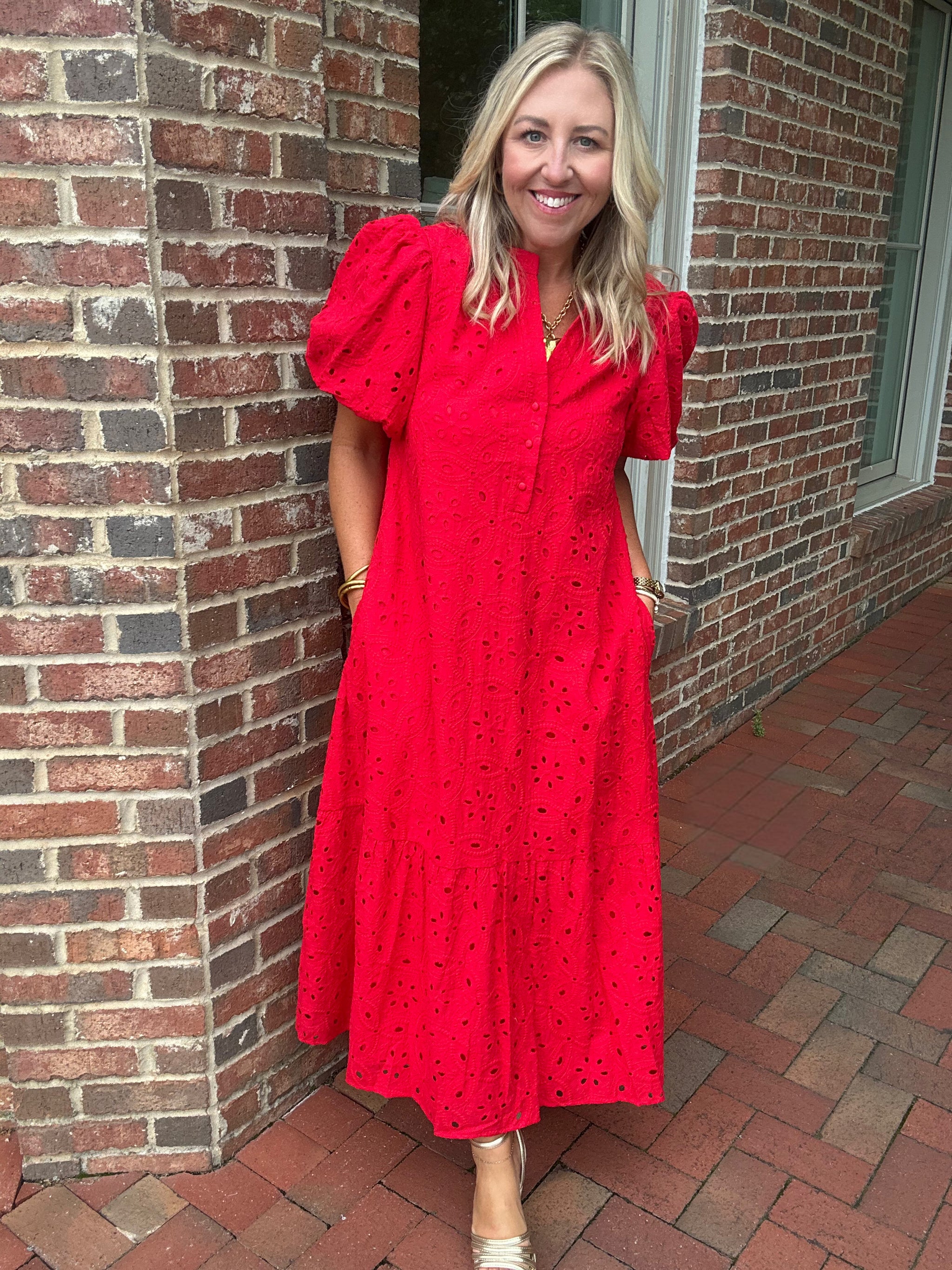 Villa Nova Eyelet Midi Dress RED / M