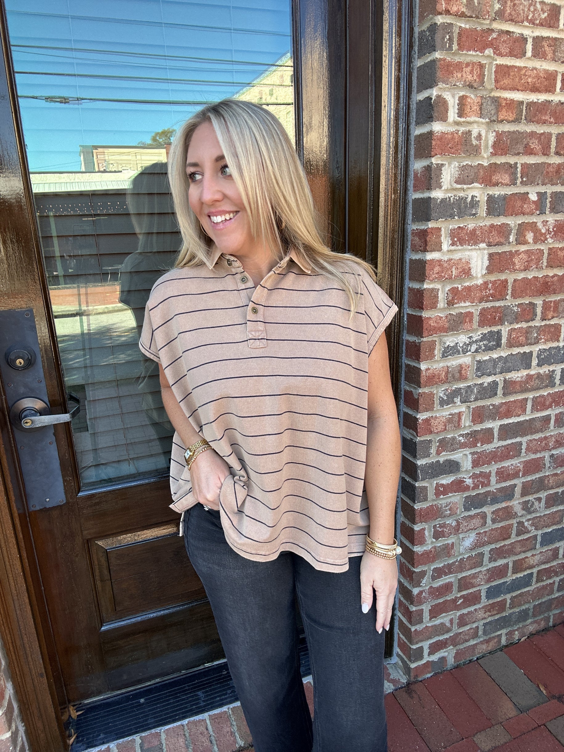 From Now On Boxy Striped Collared Oversized Top