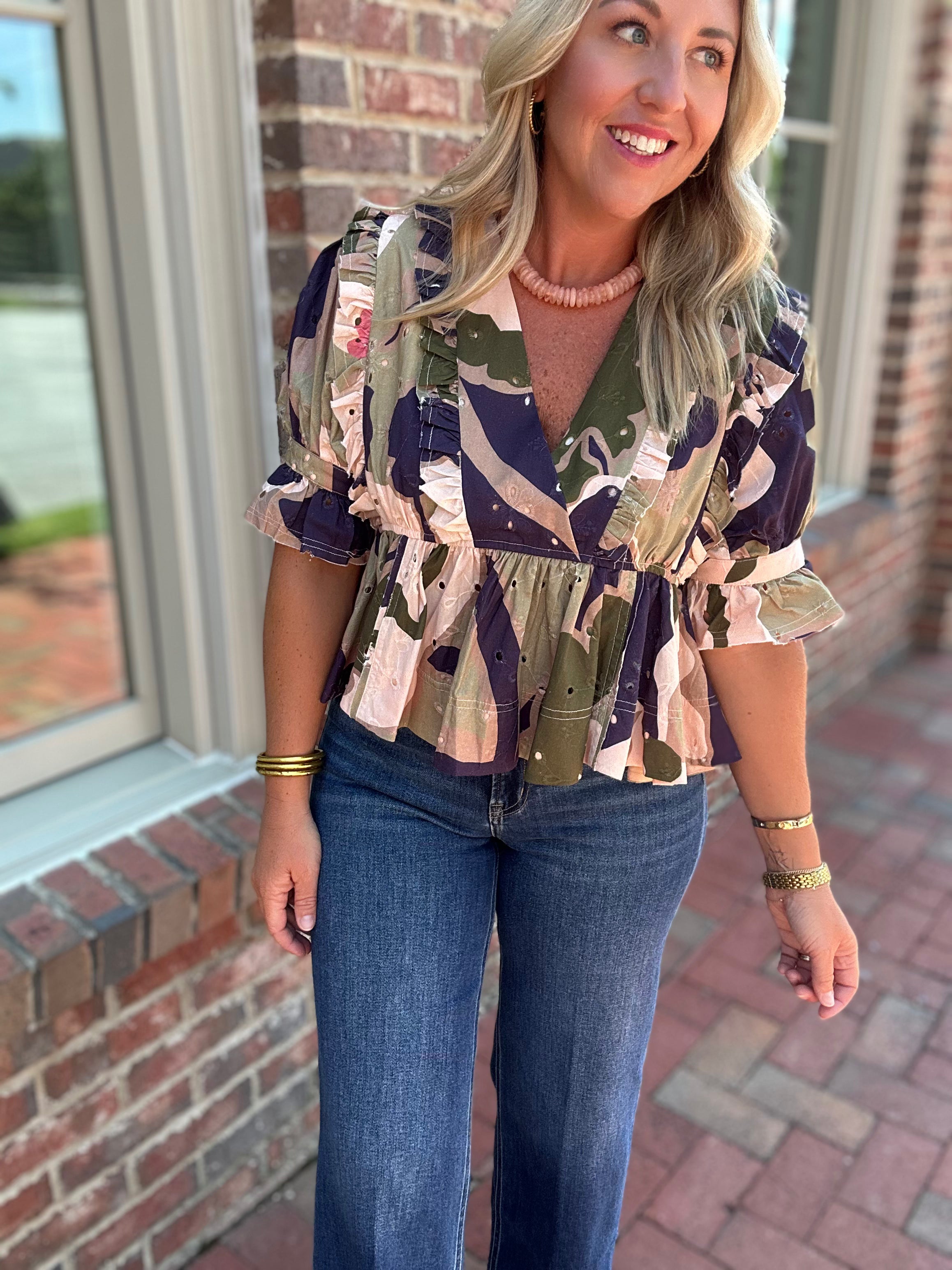 Main Street Multicolor Short Sleeve Blouse