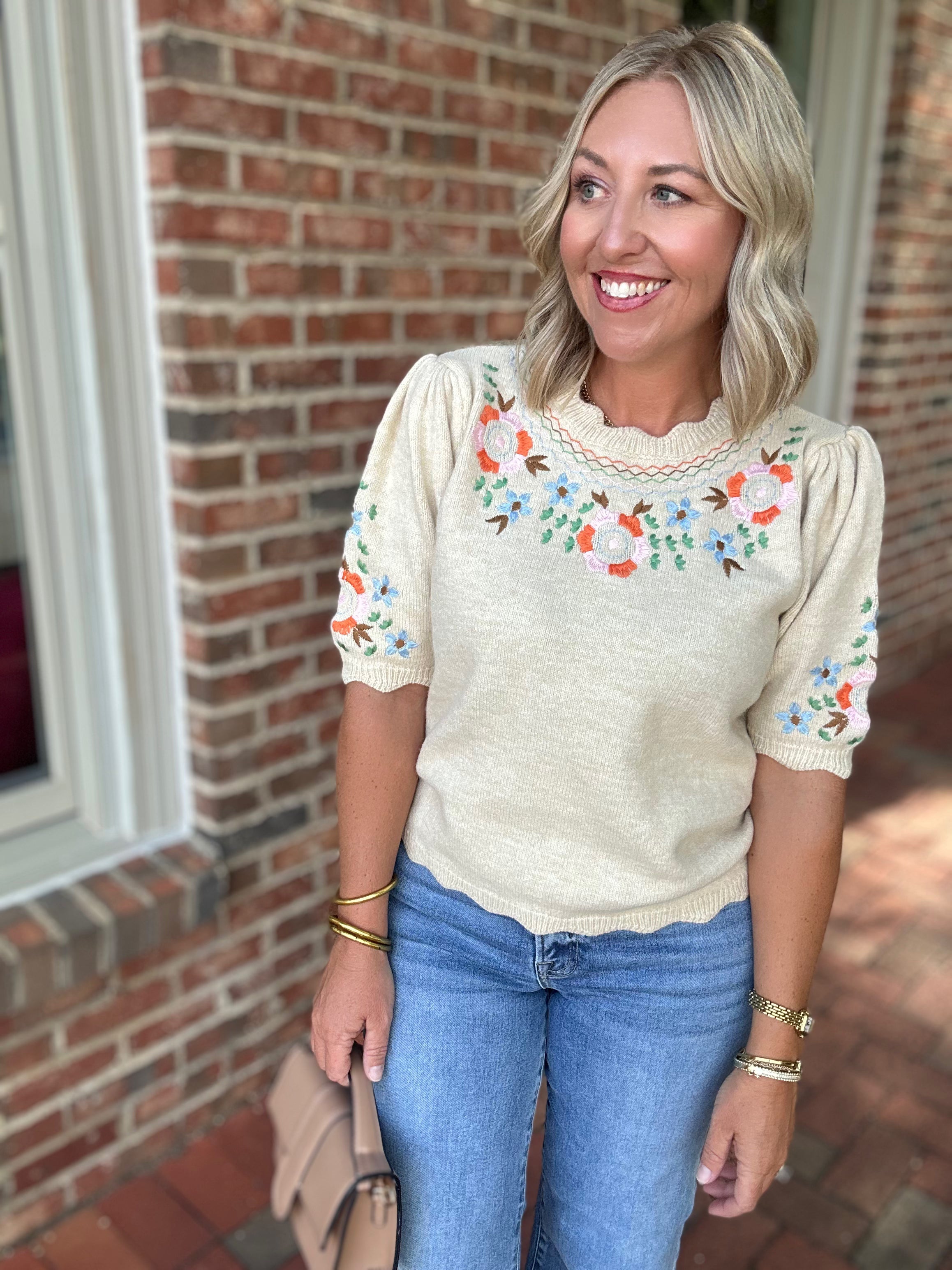 Ask Me Floral Embroidery Scalloped Short Sleeve Sweater