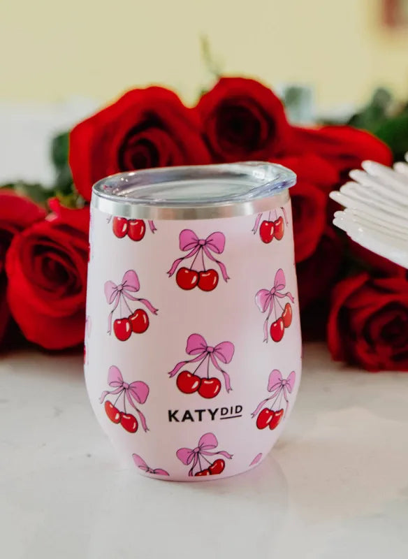 Cherry Bow Wine Tumbler Cup- Light Pink