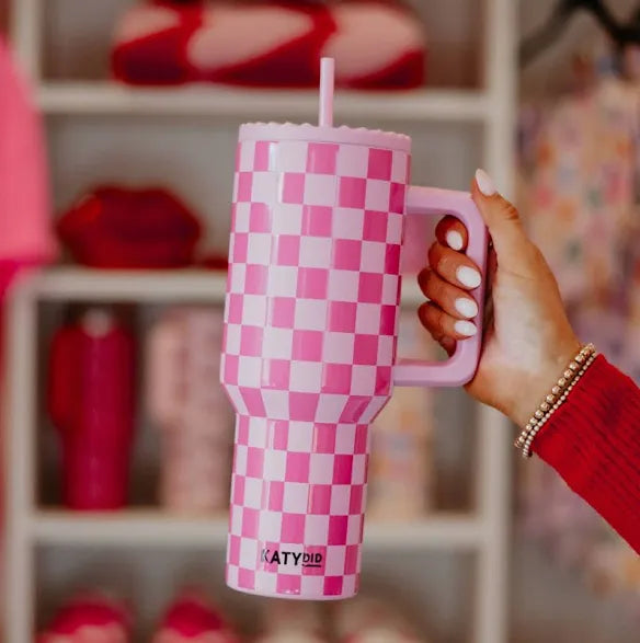 Pink Checker 38 oz Tumbler-Pink