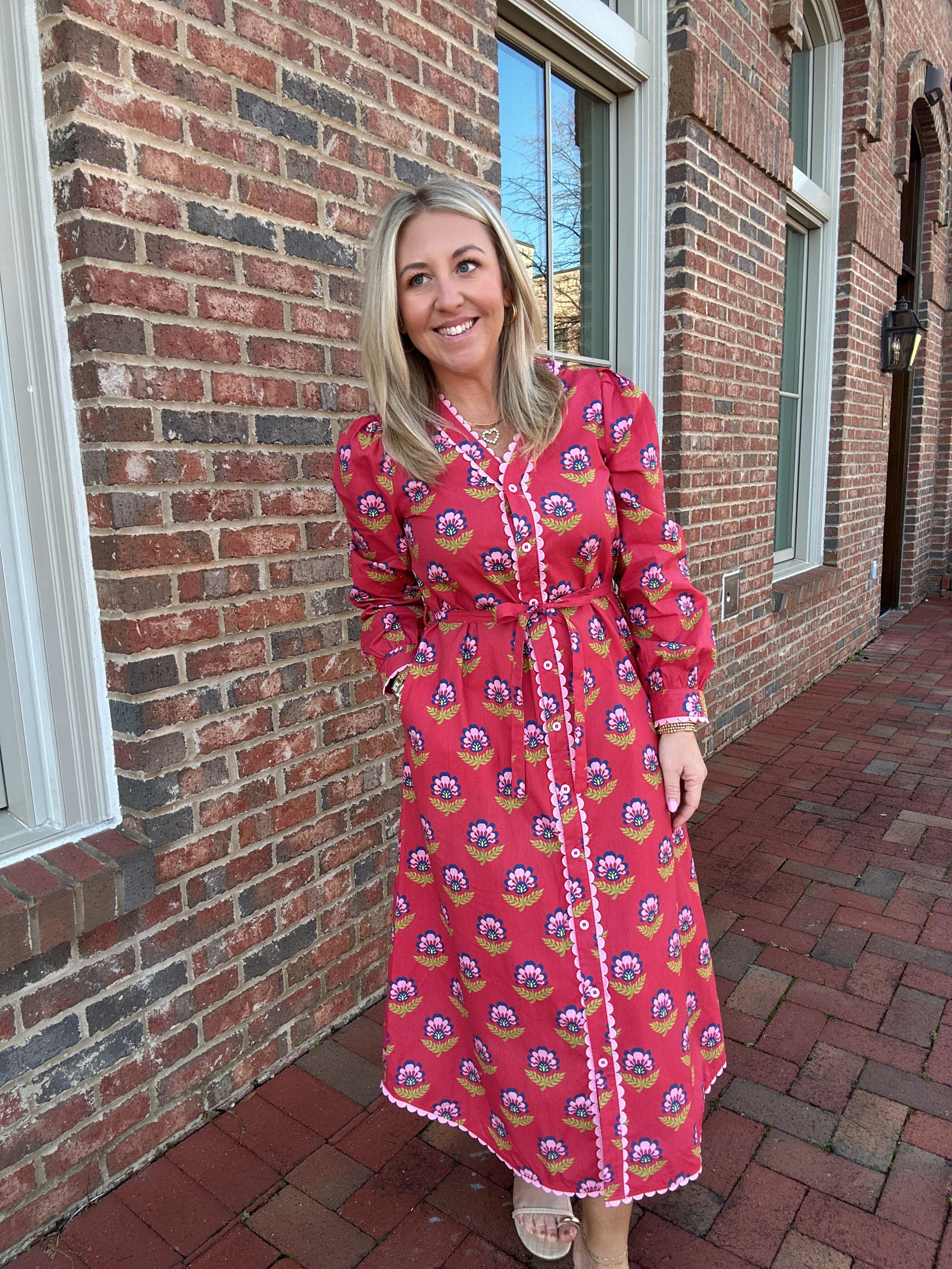 Berry Scalloped Button Down Long Sleeve Maxi Dress