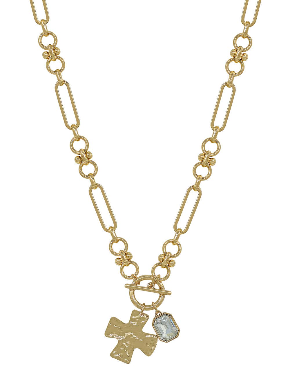 Gold Open Chain with Hammered Cross and Rhinestone 16"-18" Necklace