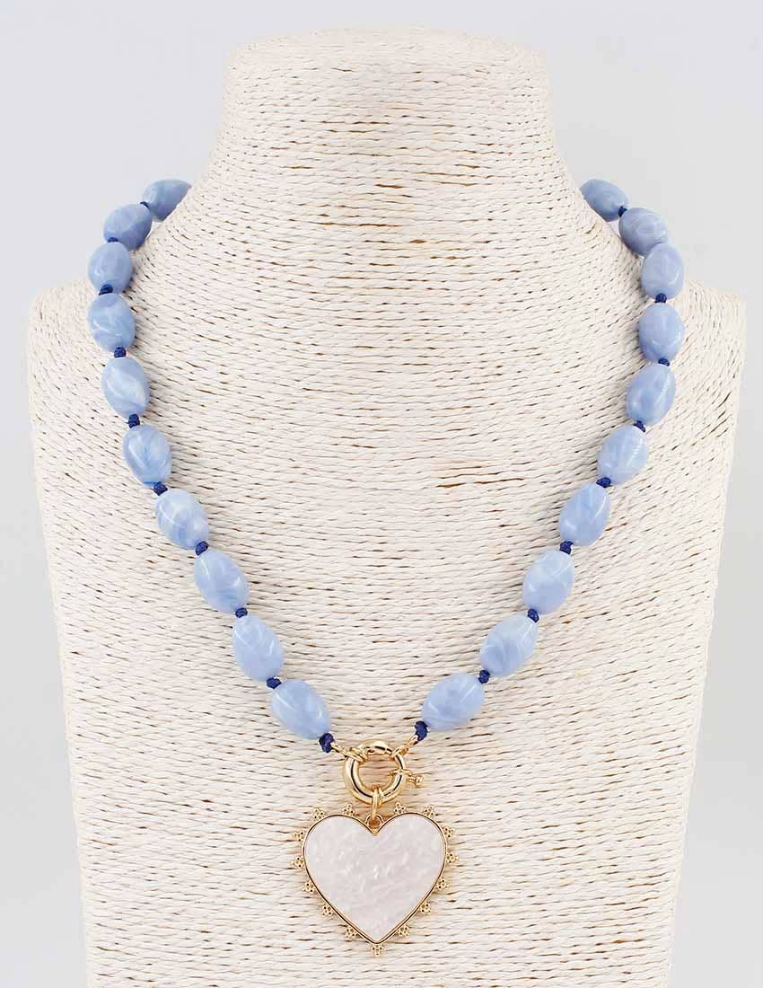 Blue Beaded with Pearlized Heart Necklace