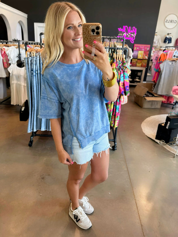 You Don't Miss Me Acid Wash Short Sleeve Top-Denim