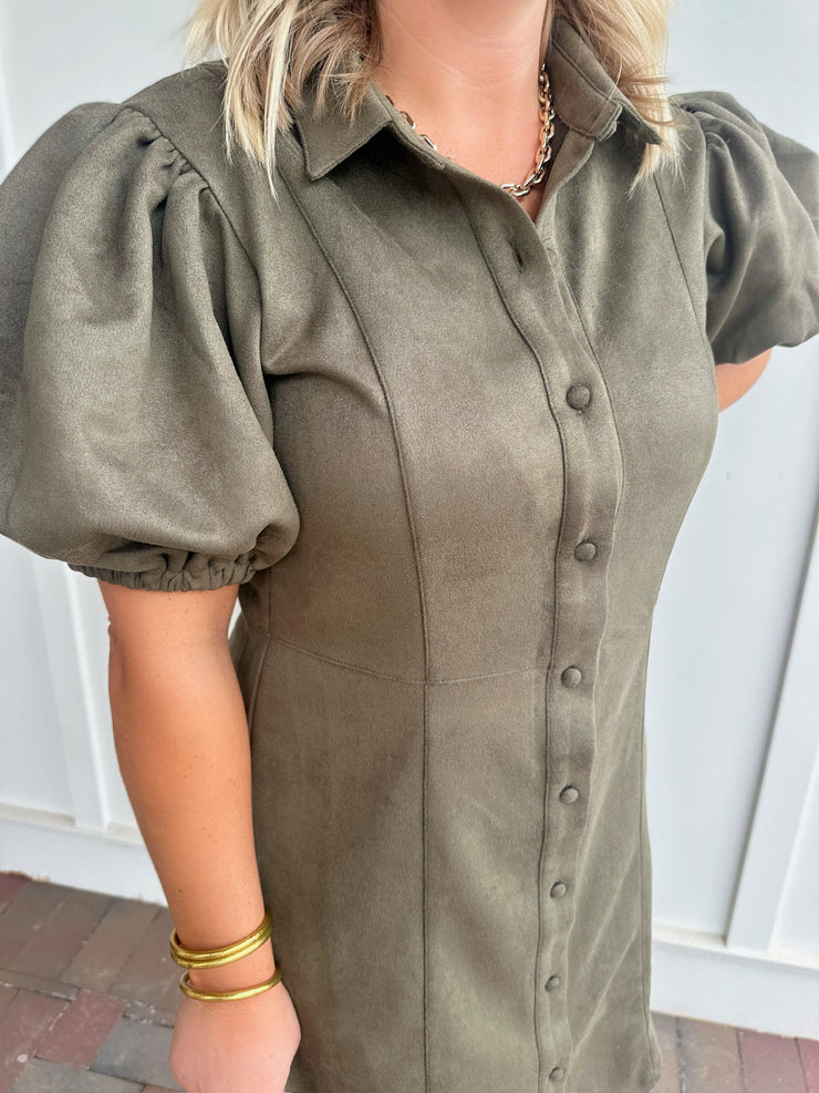 Really Happy Puff Sleeve Suede Button Down Dress-Olive