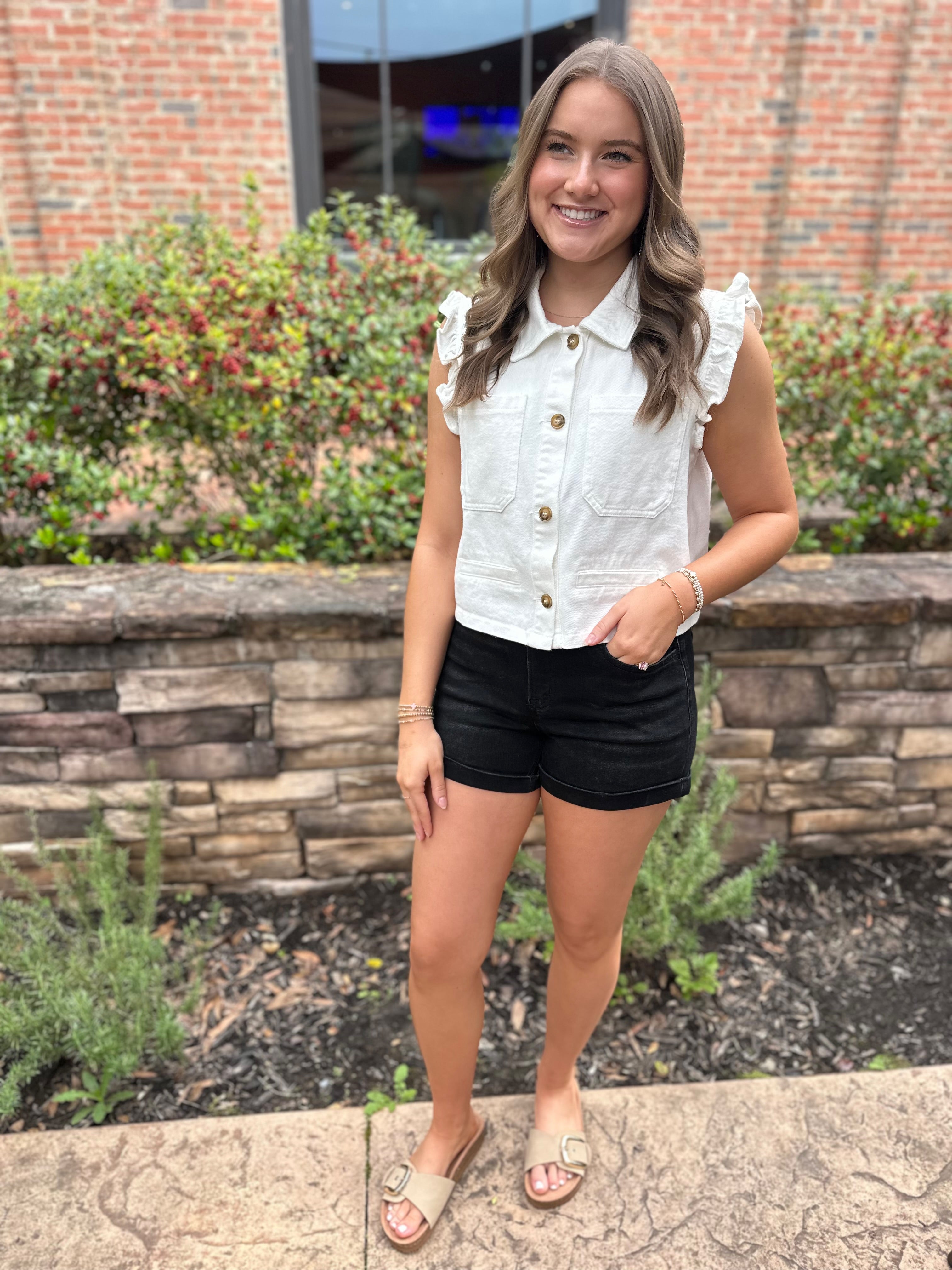 Saddle on Up Ruffle Sleeveless White Denim Top