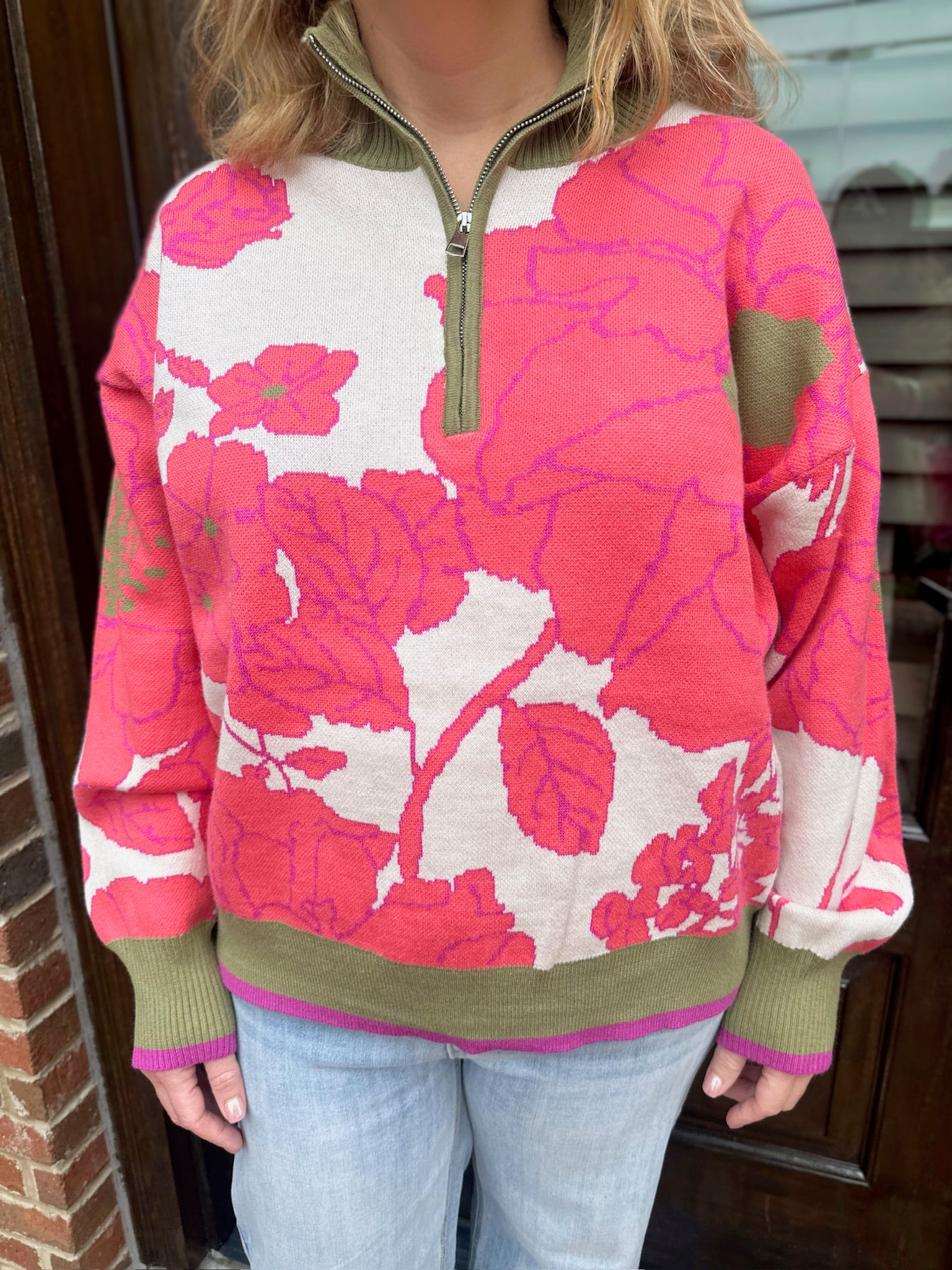 Same Pretty Flowers Half Zip Sweater