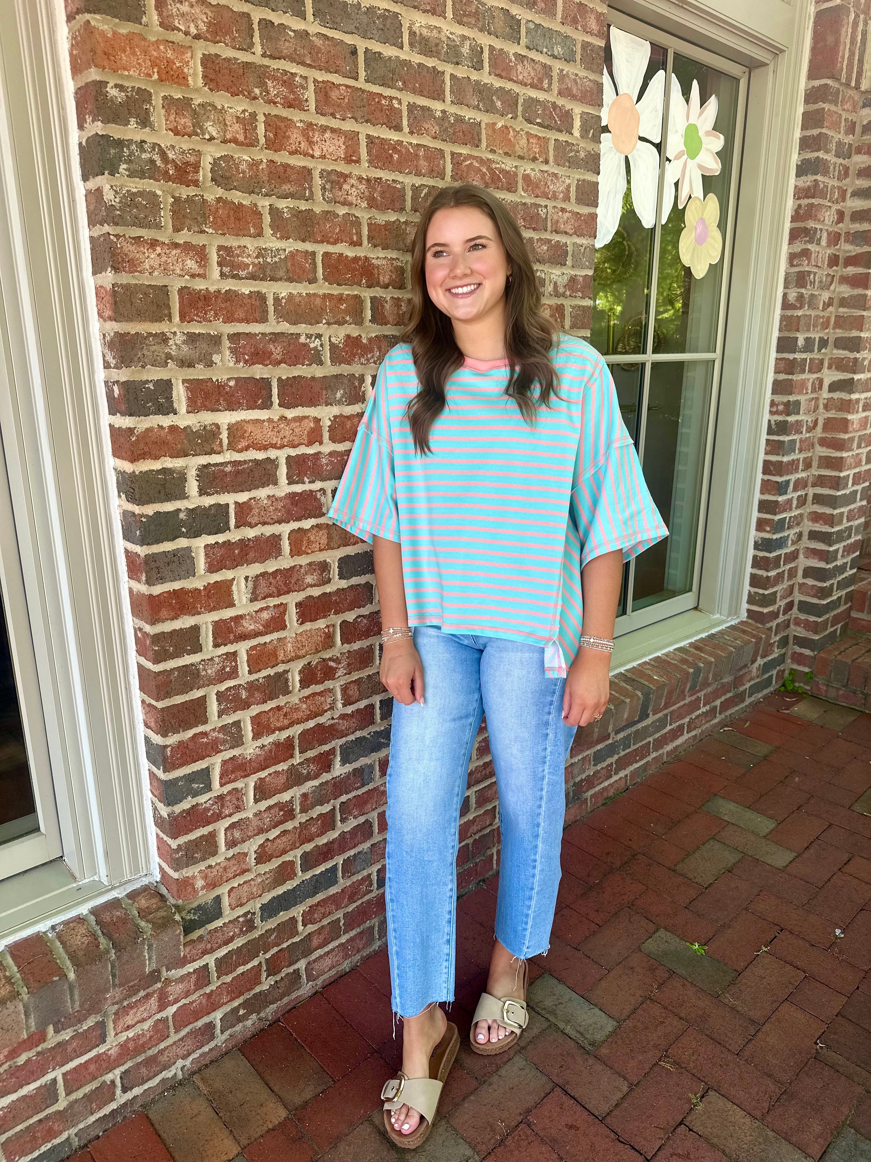Jade Striped Oversized Short Sleeve Top