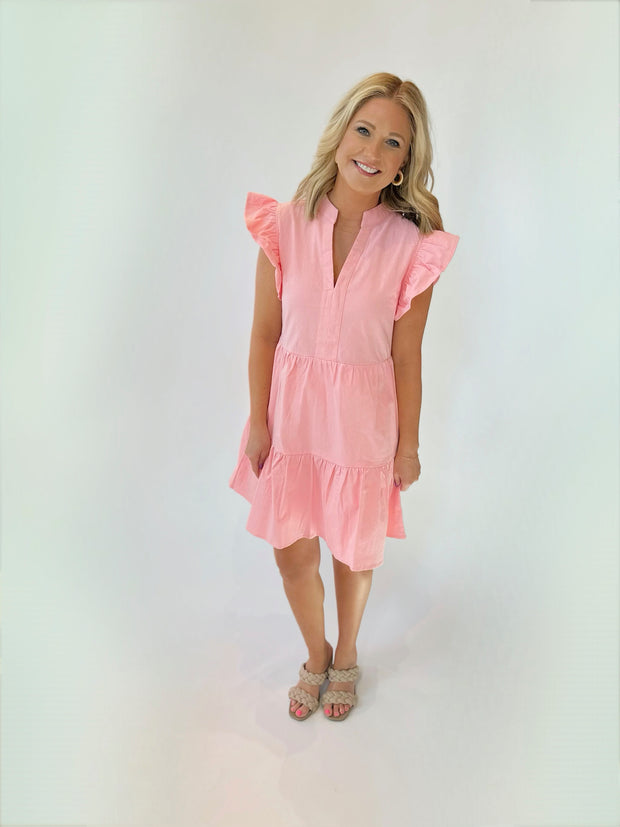 Just Pink Ruffle Sleeve Short Tiered Dress
