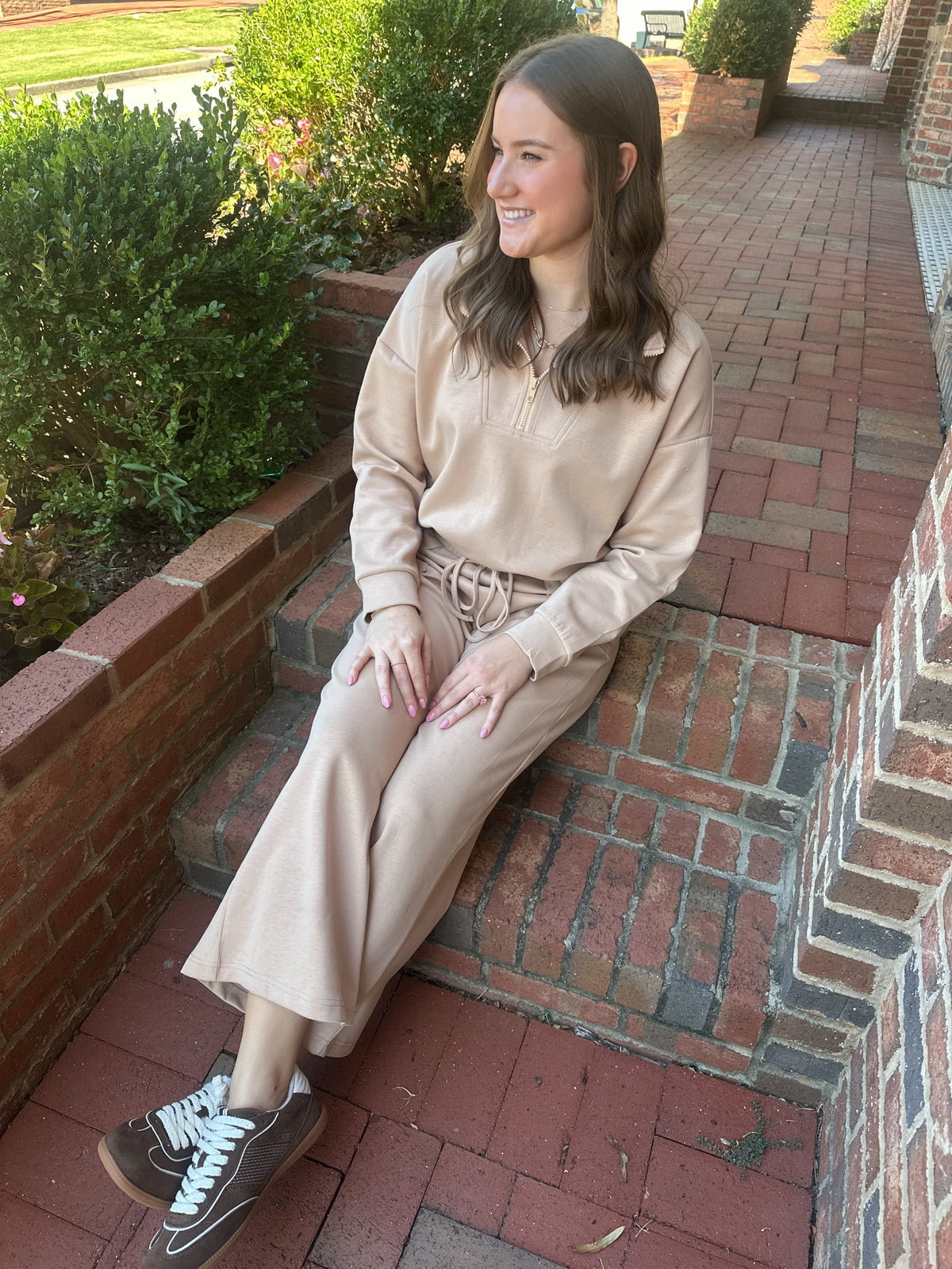 Scuba Half Zip Pullover & Wide Leg Pants Set In Camel