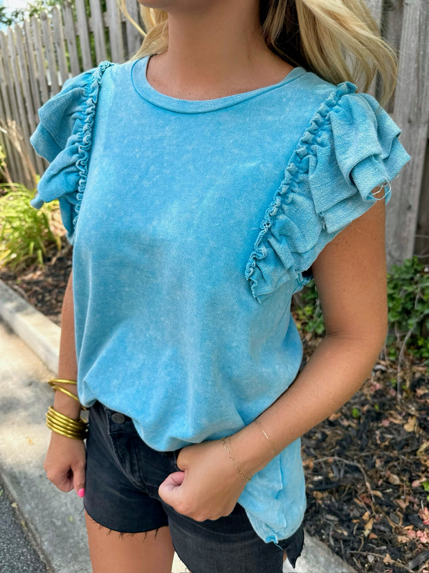 You Are Still The One Acid Wash Ruffle Sleeve Top in Azure